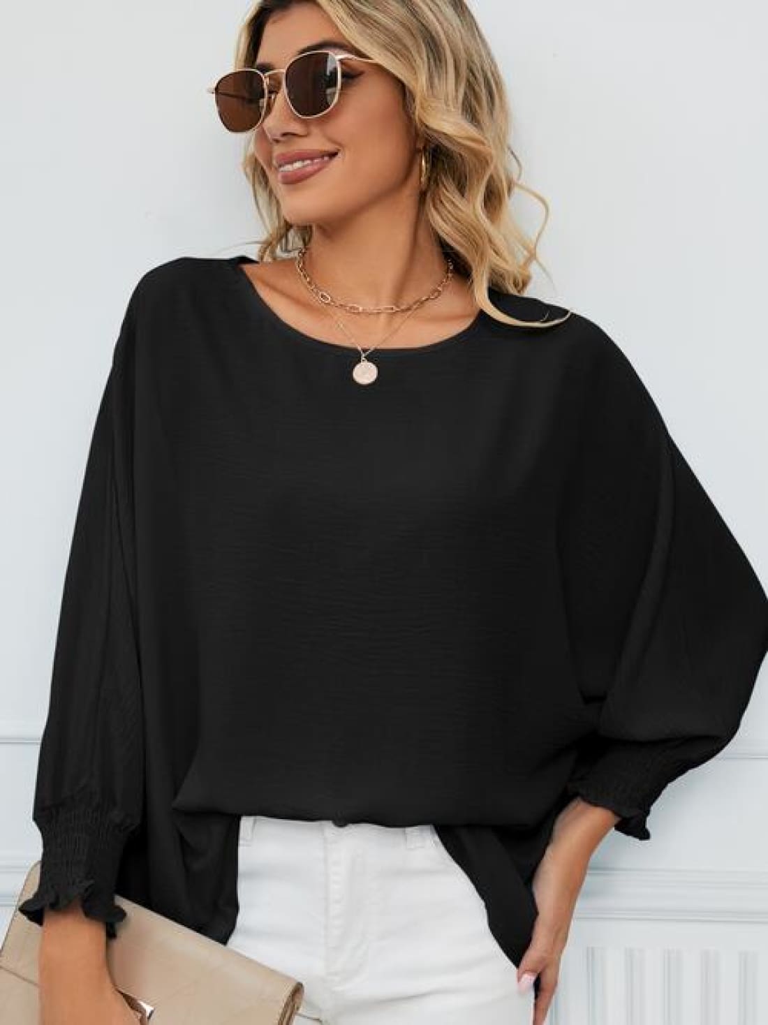 Smocked Lantern Sleeve Round Neck Blouse | Blouses & Shirts