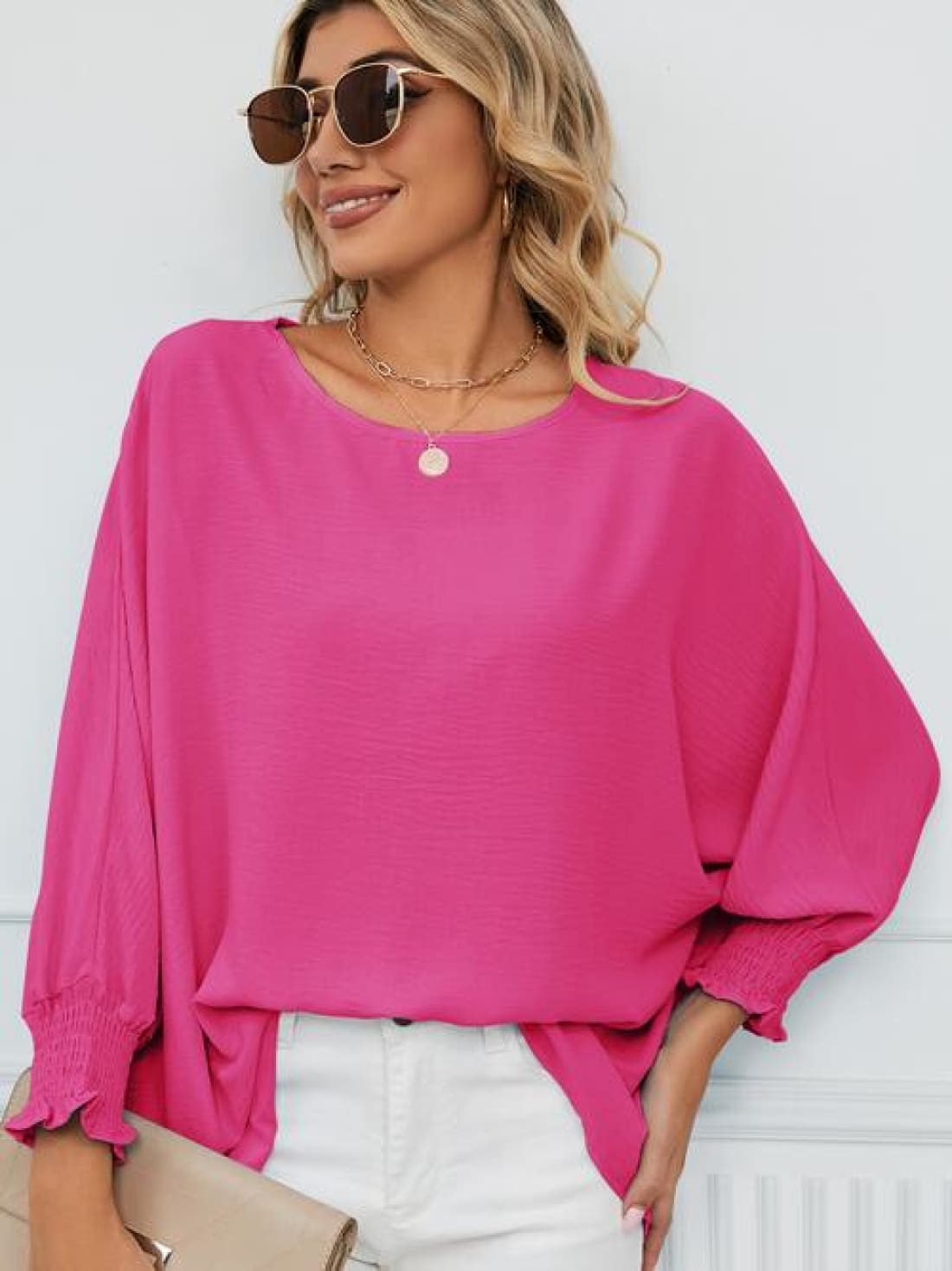 Smocked Lantern Sleeve Round Neck Blouse | Blouses & Shirts