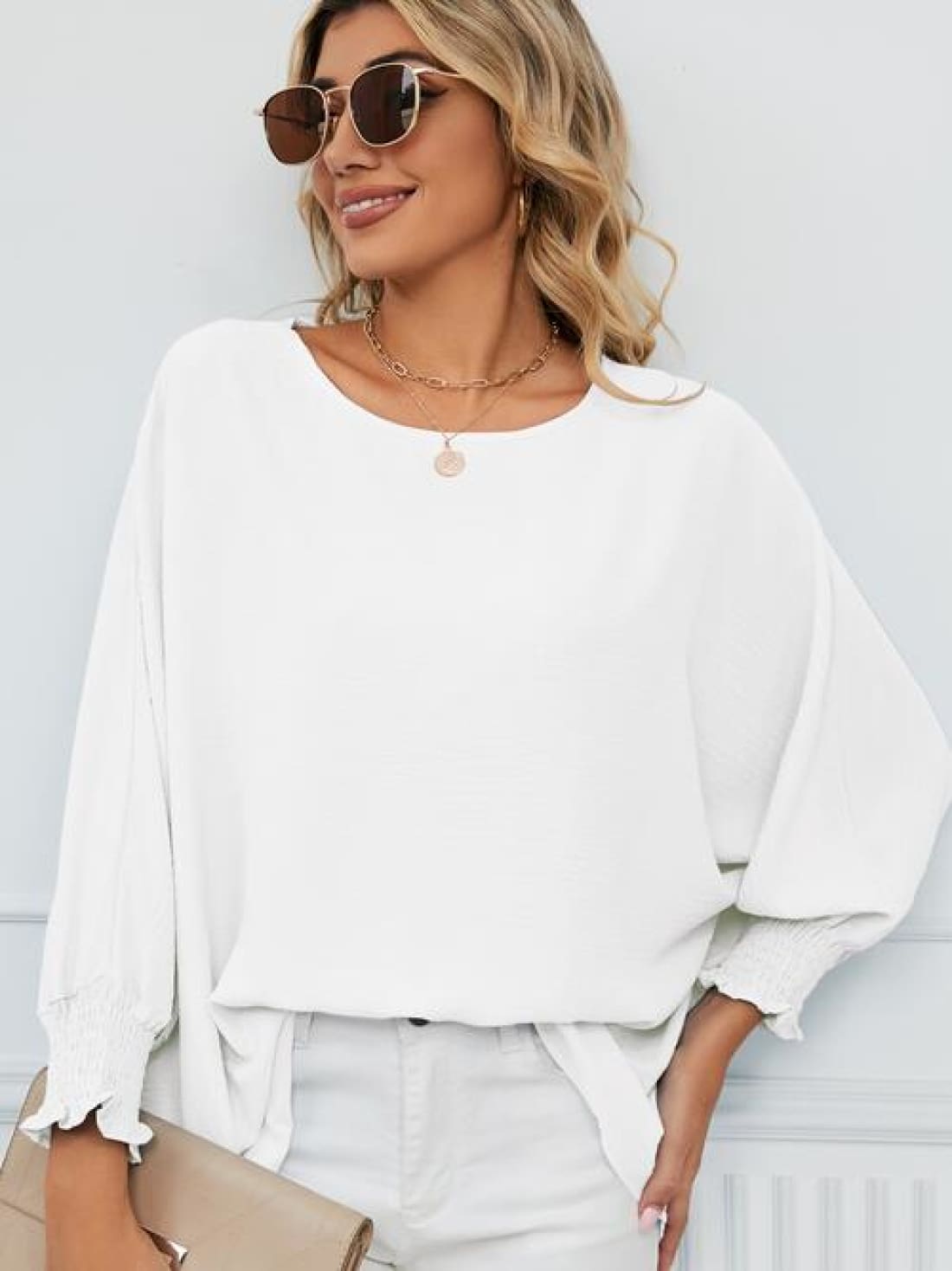 Smocked Lantern Sleeve Round Neck Blouse | Blouses & Shirts