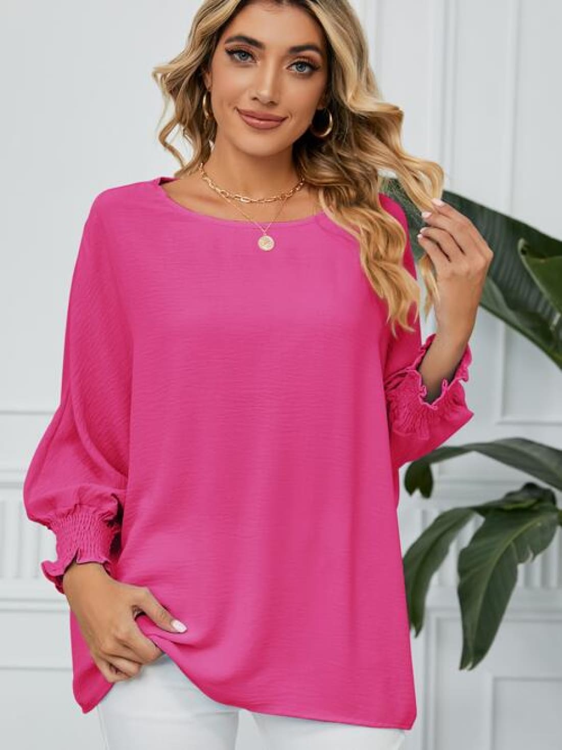 Smocked Lantern Sleeve Round Neck Blouse | Blouses & Shirts