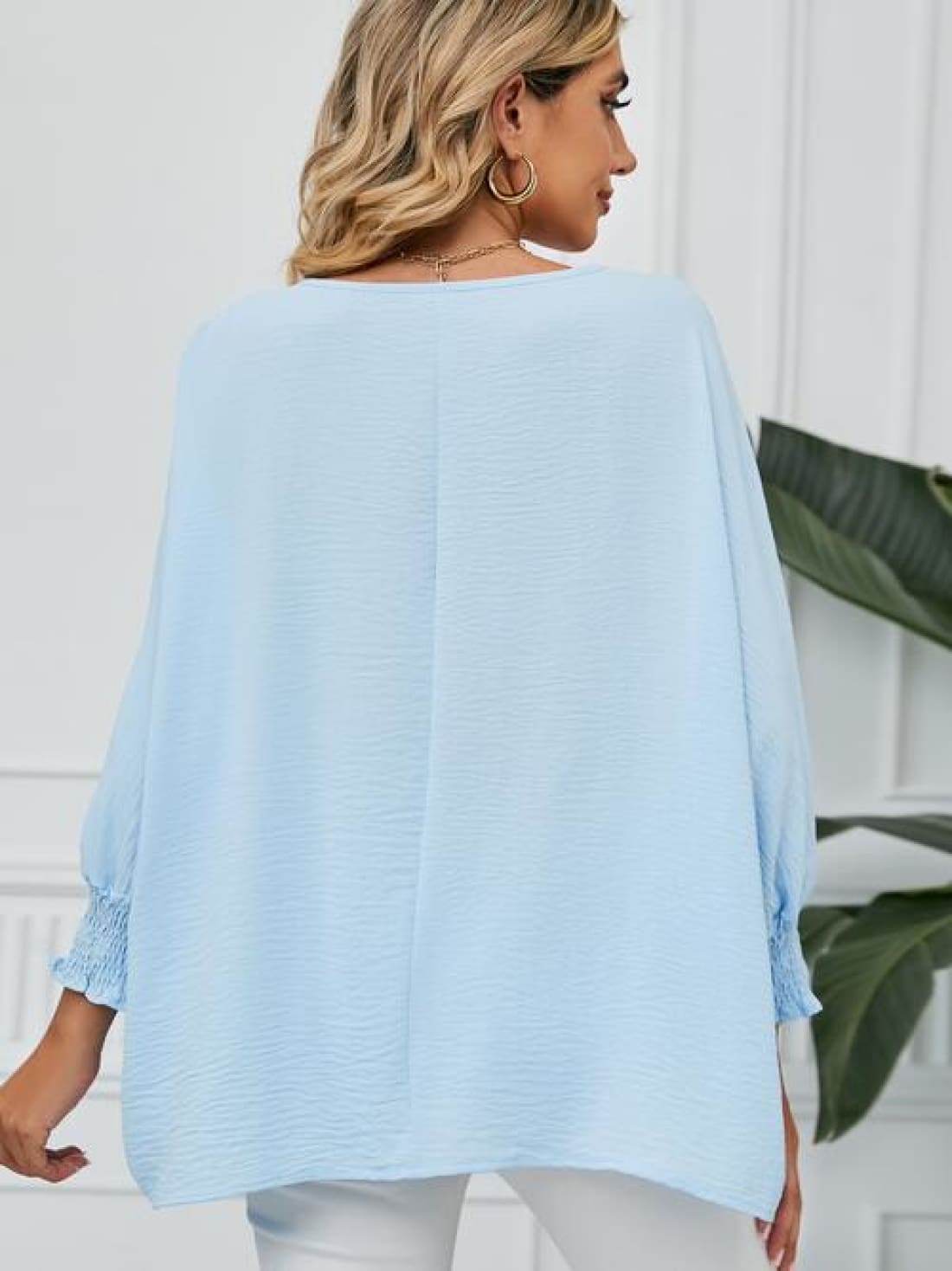 Smocked Lantern Sleeve Round Neck Blouse | Blouses & Shirts