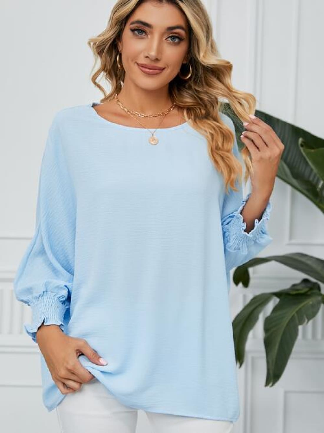 Smocked Lantern Sleeve Round Neck Blouse | Blouses & Shirts