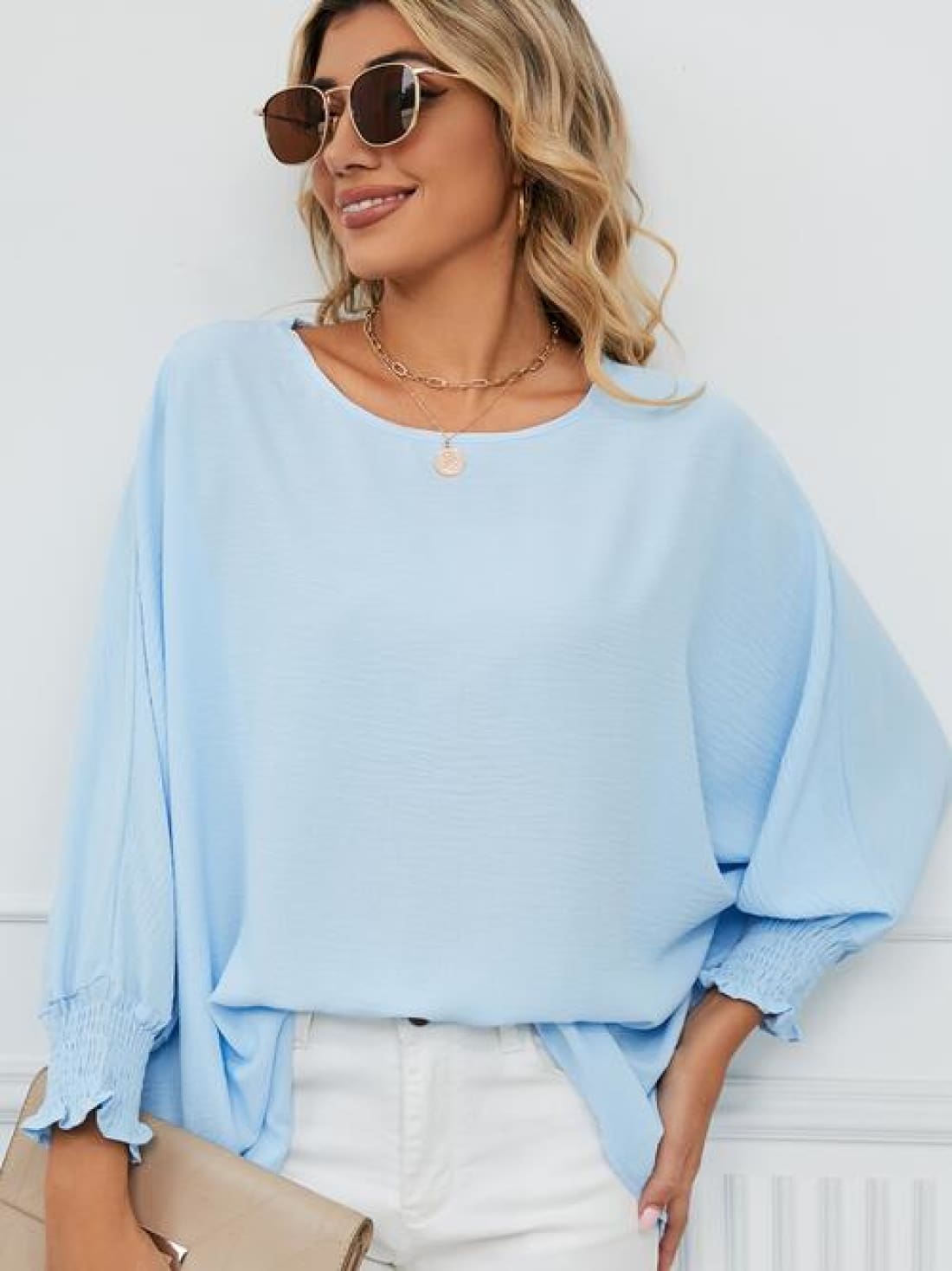 Smocked Lantern Sleeve Round Neck Blouse | Blouses & Shirts