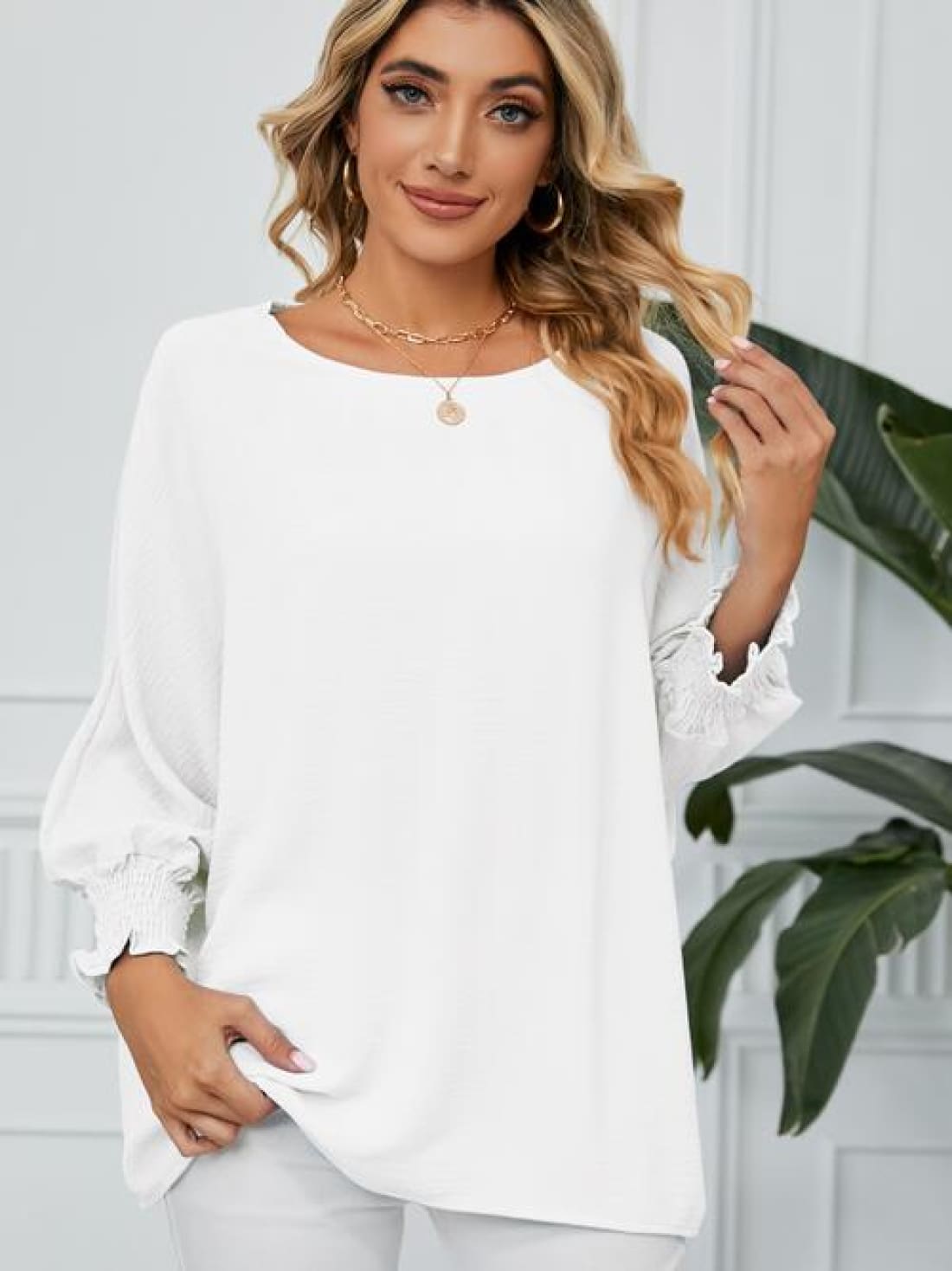 Smocked Lantern Sleeve Round Neck Blouse | Blouses & Shirts