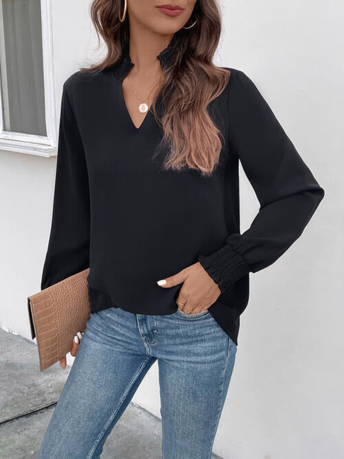 Smocked Notched Long Sleeve Blouse | Blouses & Shirts