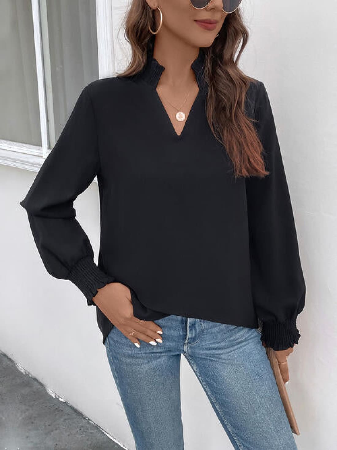 Smocked Notched Long Sleeve Blouse | Blouses & Shirts