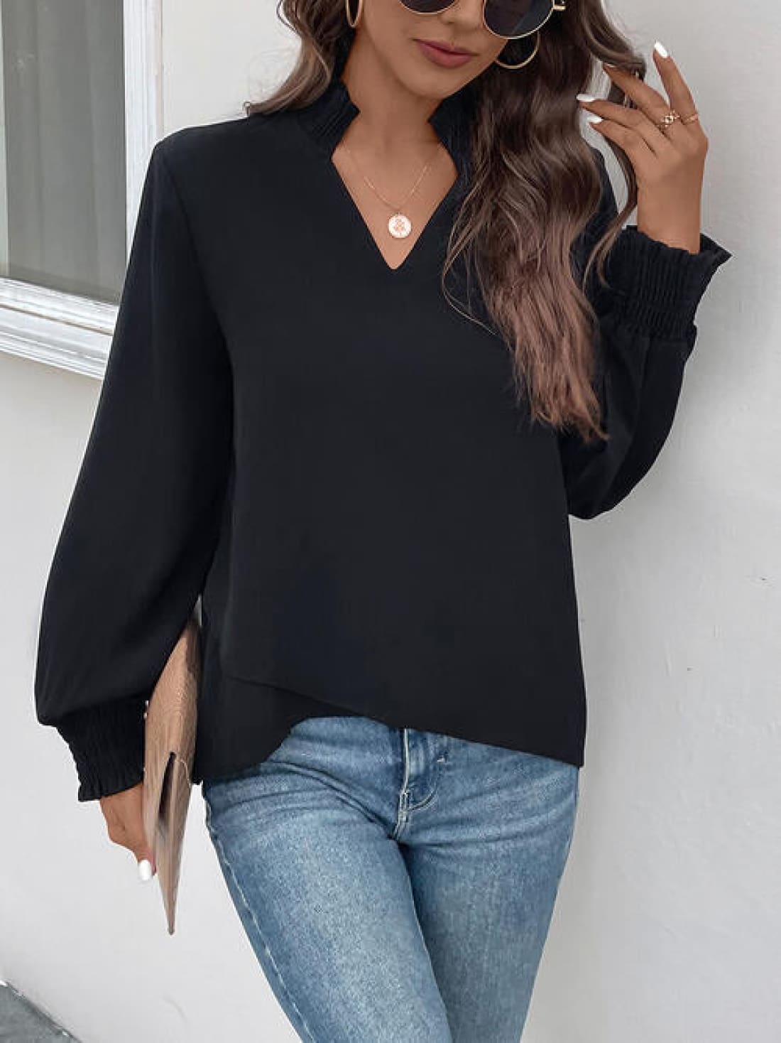 Smocked Notched Long Sleeve Blouse | Blouses & Shirts