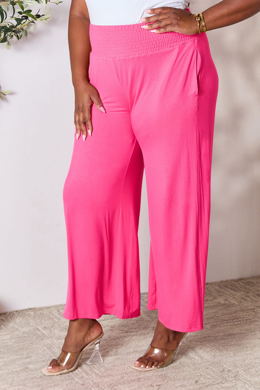 Smocked Wide Waistband Wide Leg Lounge Pants