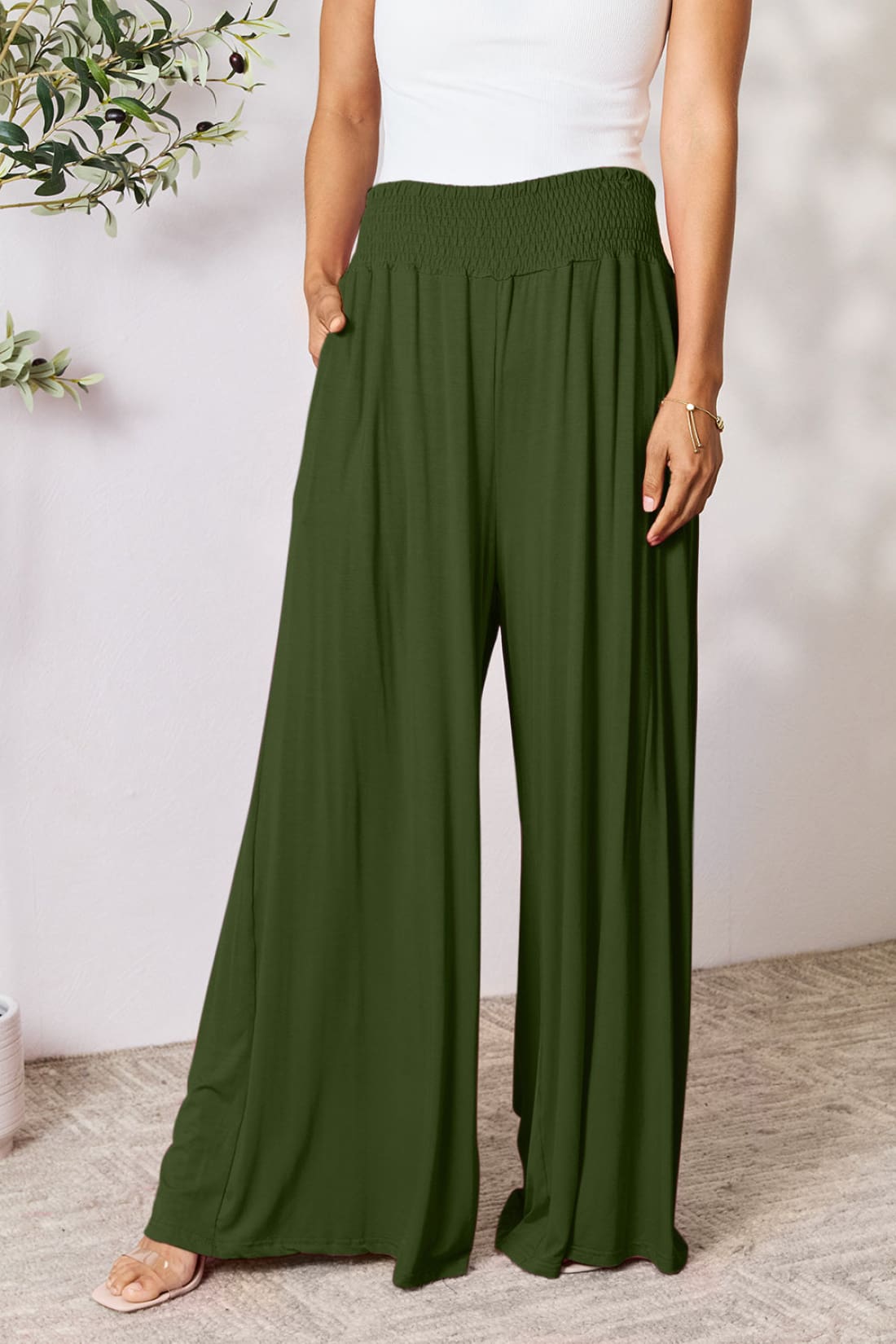 Smocked Wide Waistband Wide Leg Lounge Pants