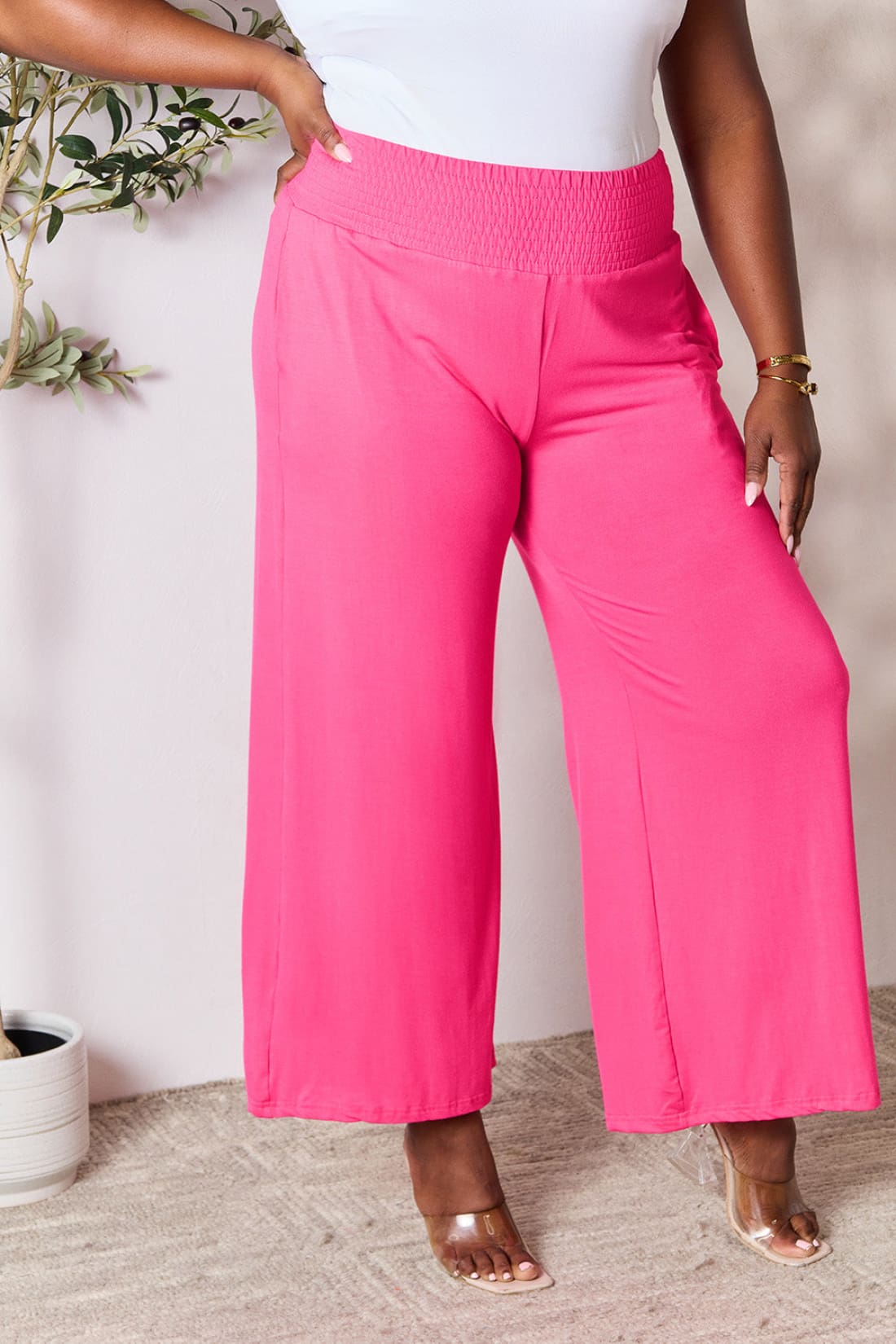 Smocked Wide Waistband Wide Leg Lounge Pants