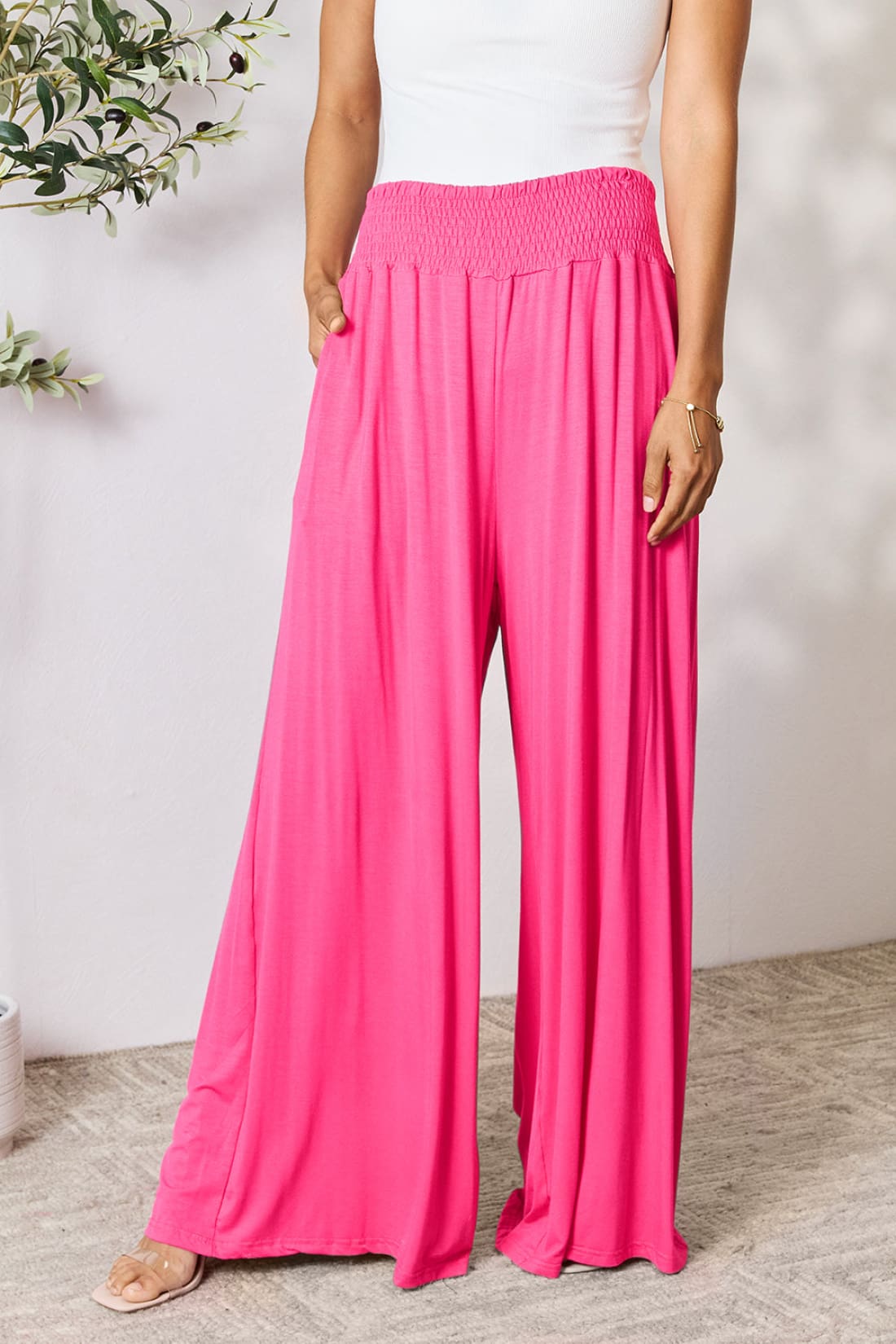 Smocked Wide Waistband Wide Leg Lounge Pants