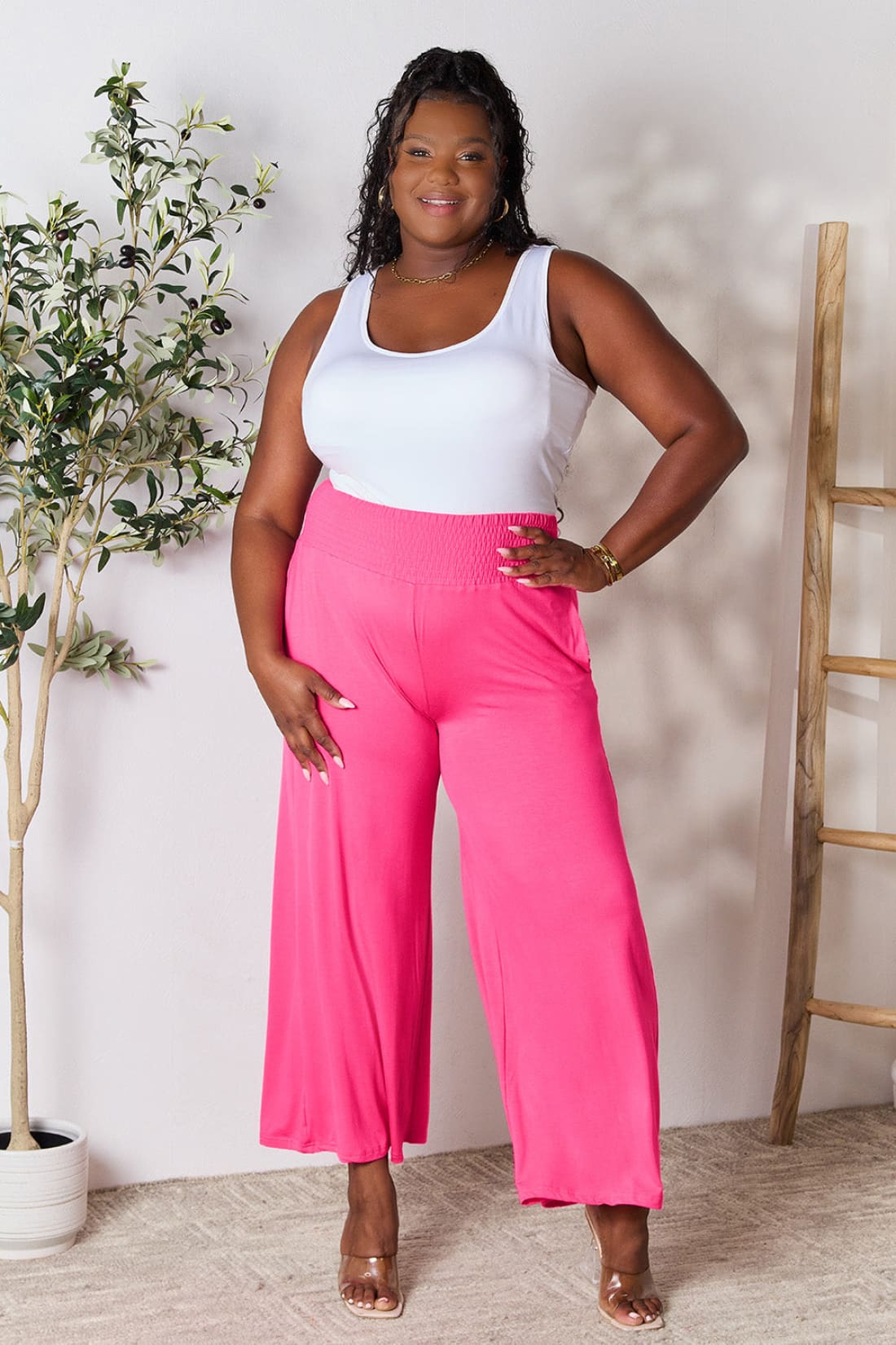 Smocked Wide Waistband Wide Leg Lounge Pants