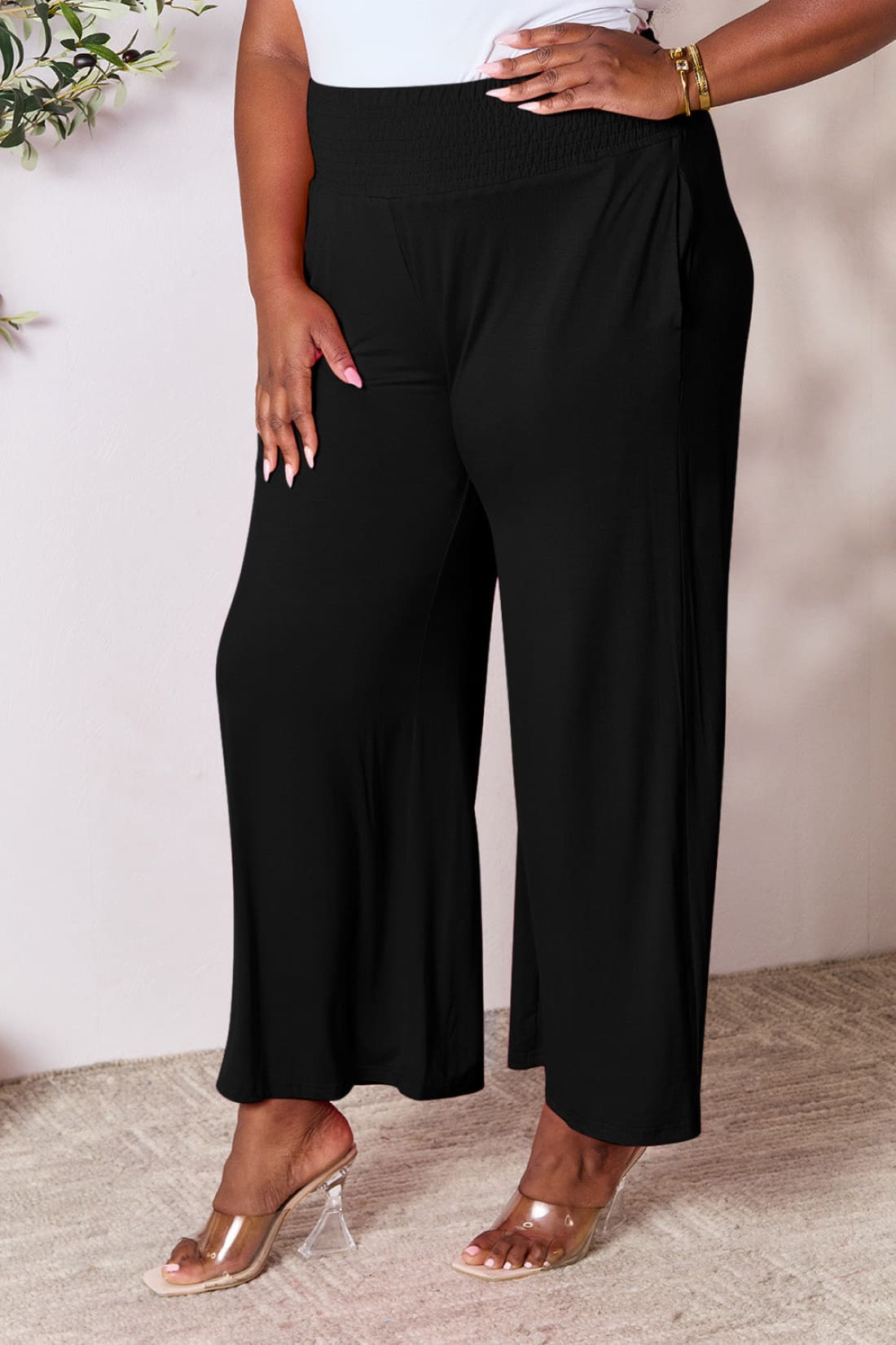 Smocked Wide Waistband Wide Leg Lounge Pants