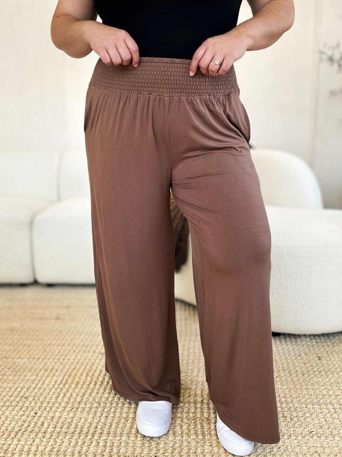 Smocked Wide Waistband Wide Leg Lounge Pants