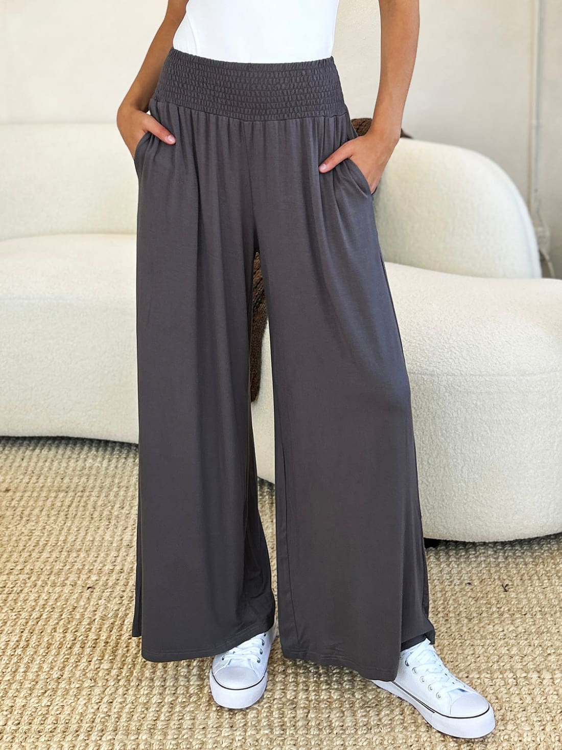 Smocked Wide Waistband Wide Leg Lounge Pants