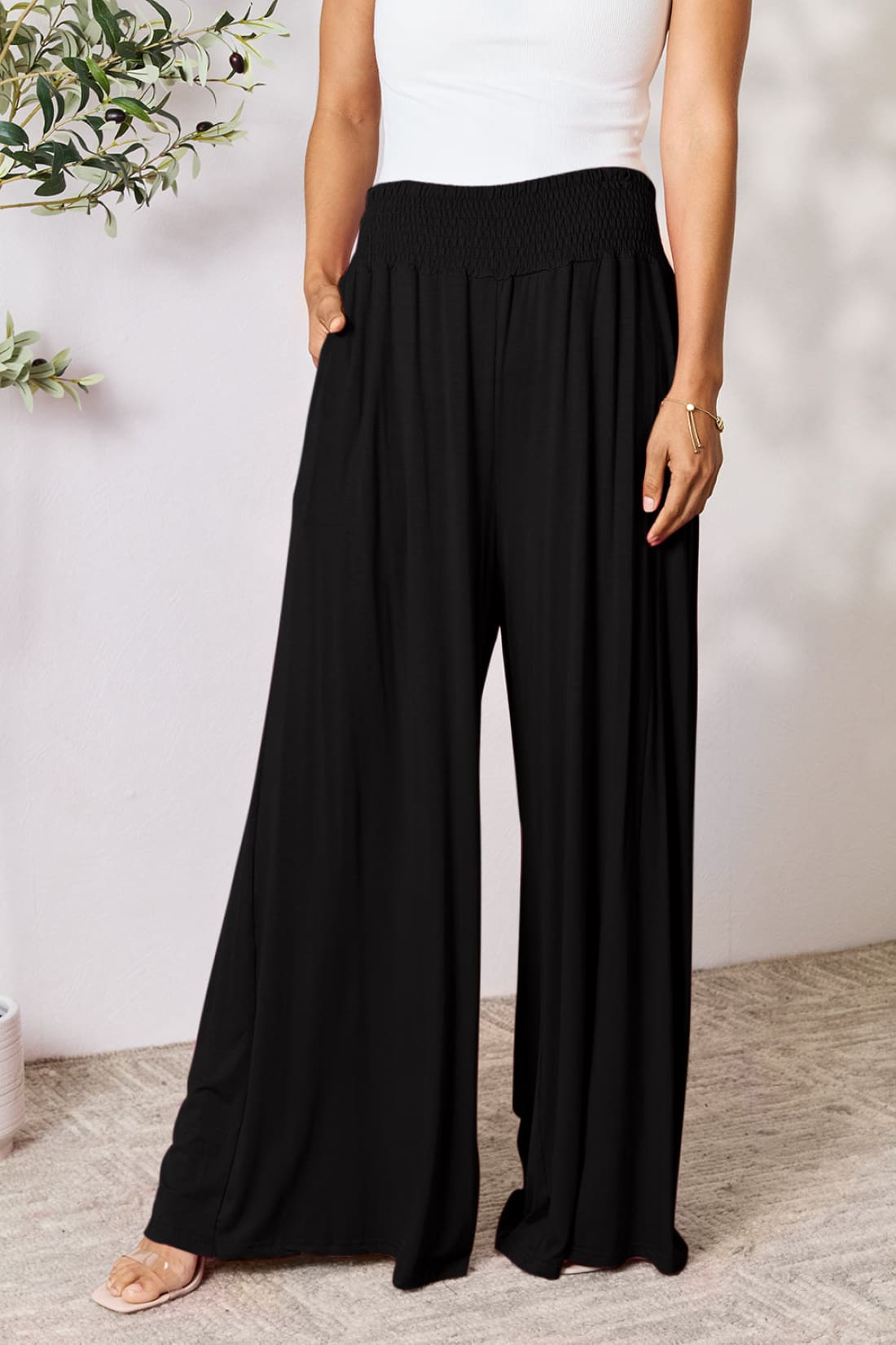 Smocked Wide Waistband Wide Leg Lounge Pants