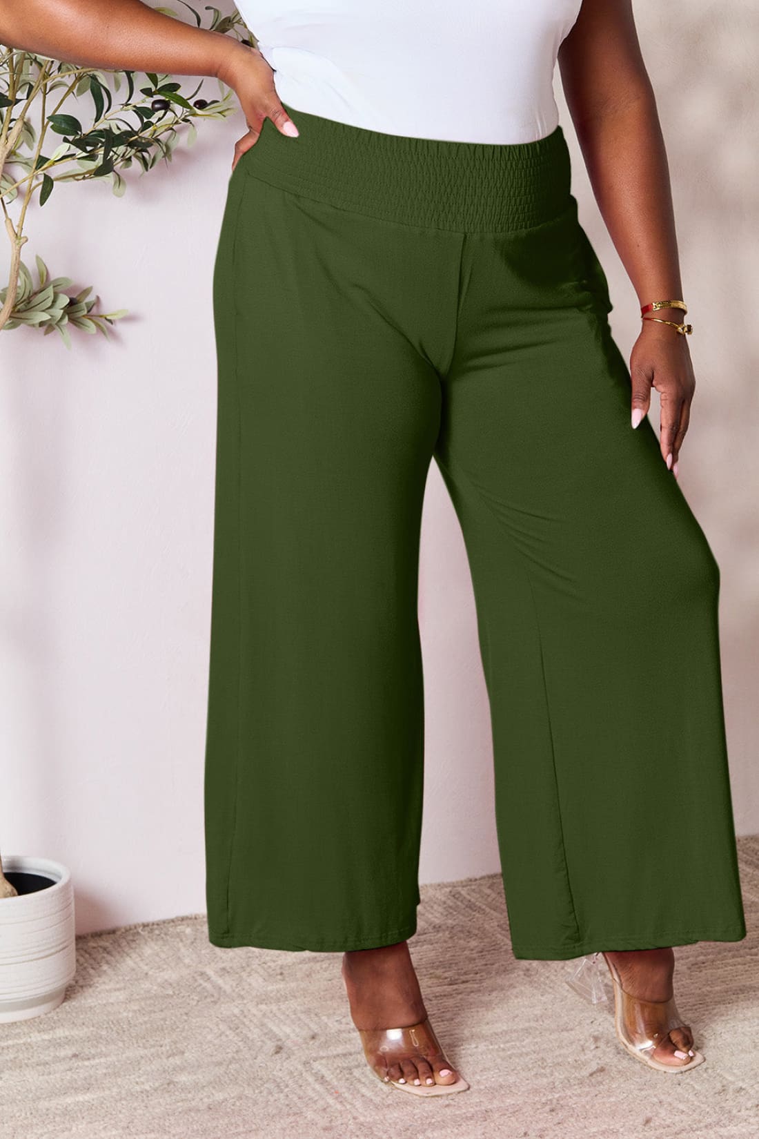 Smocked Wide Waistband Wide Leg Lounge Pants