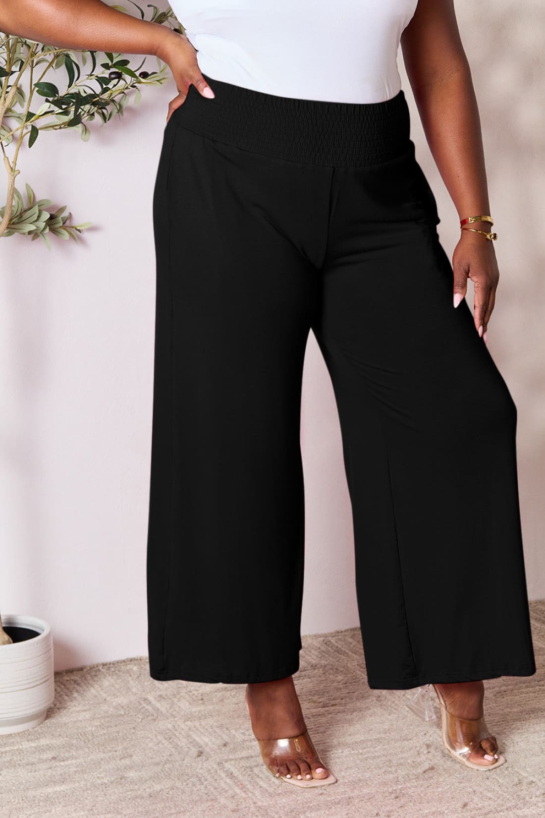 Smocked Wide Waistband Wide Leg Lounge Pants