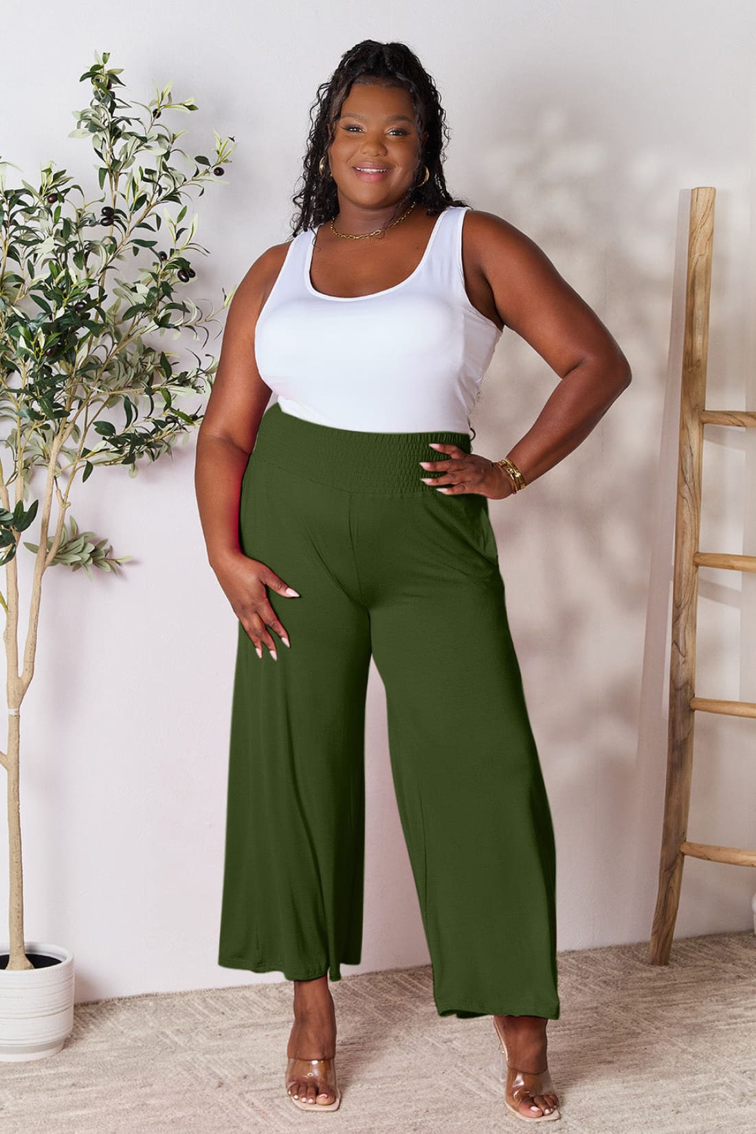 Smocked Wide Waistband Wide Leg Lounge Pants