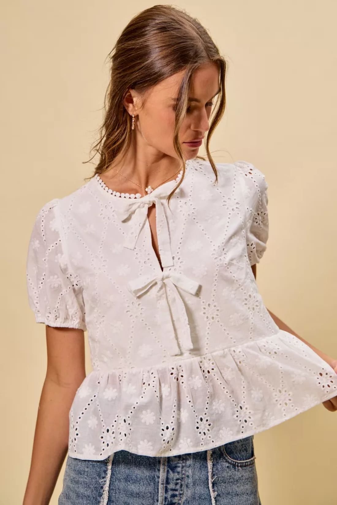 SO ME Cotton Eyelet Front Tie Short Sleeves Blouse