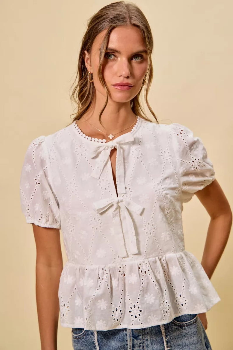 SO ME Cotton Eyelet Front Tie Short Sleeves Blouse
