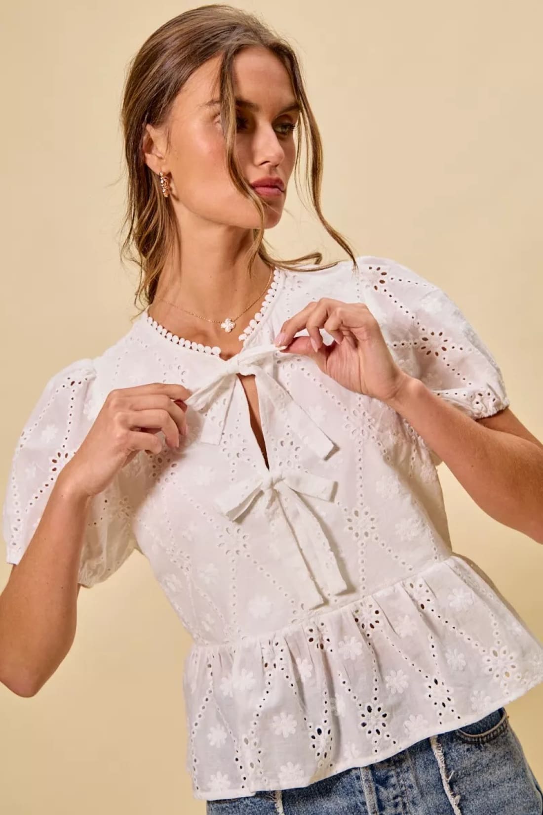 SO ME Cotton Eyelet Front Tie Short Sleeves Blouse