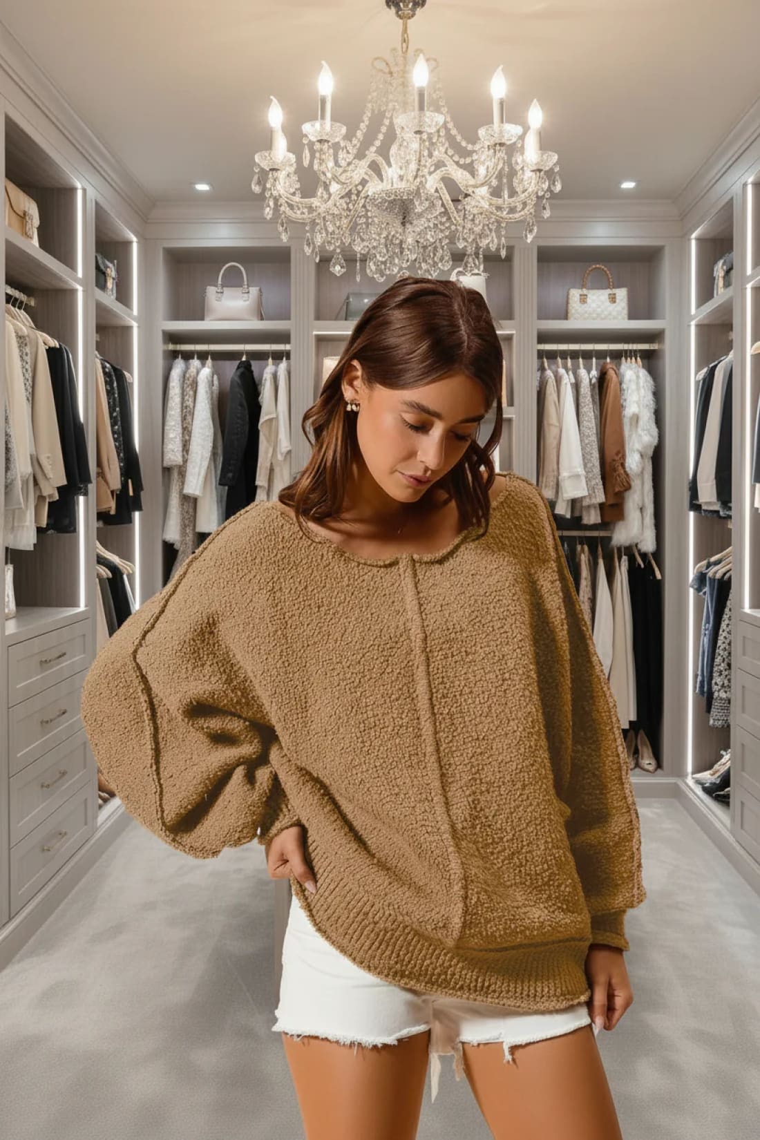 SO ME Loose Fit Exposed Seam Slouchy Boucle Sweater