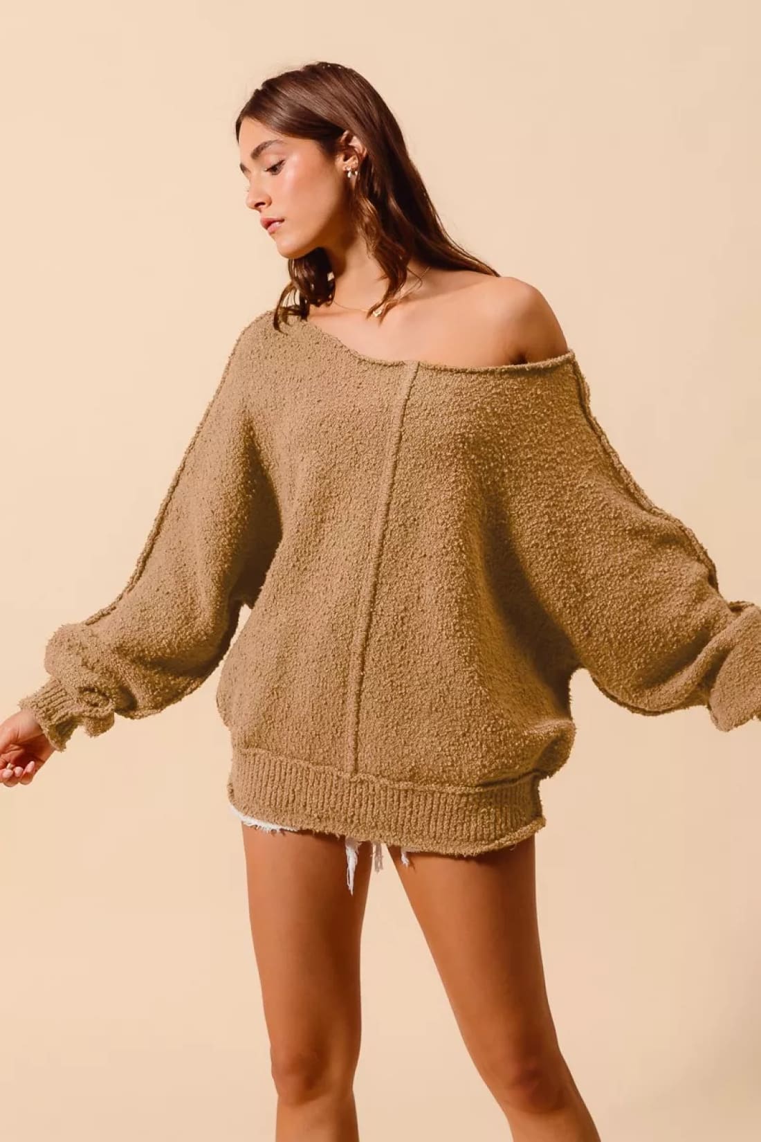 SO ME Loose Fit Exposed Seam Slouchy Boucle Sweater