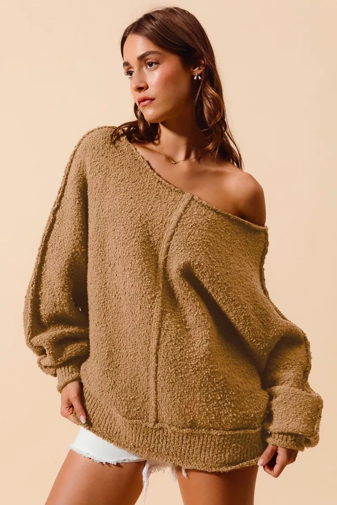 SO ME Loose Fit Exposed Seam Slouchy Boucle Sweater