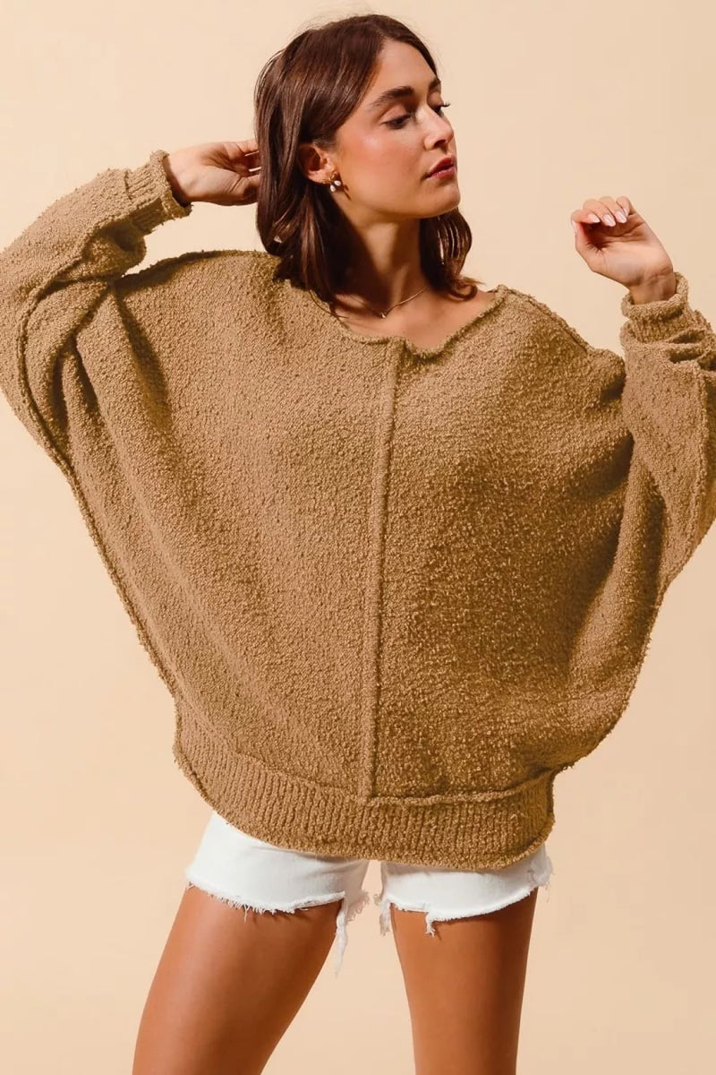SO ME Loose Fit Exposed Seam Slouchy Boucle Sweater