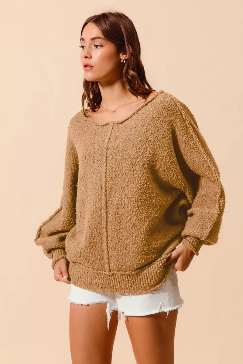 SO ME Loose Fit Exposed Seam Slouchy Boucle Sweater