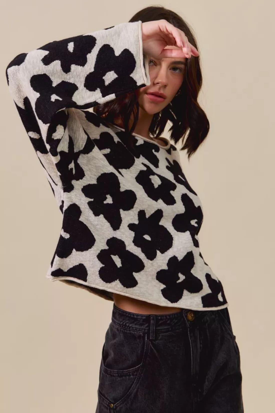 SO ME Loose Fit Flower Lightweight Sweater Top