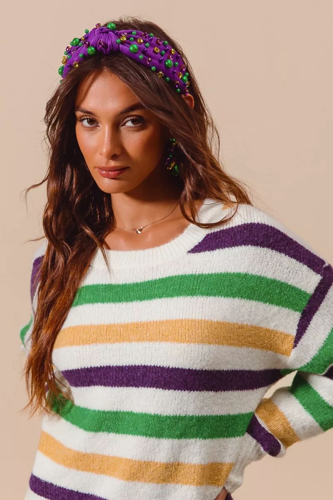 SO ME Mardi Gras Color Stripe Round Neck Sweater Top