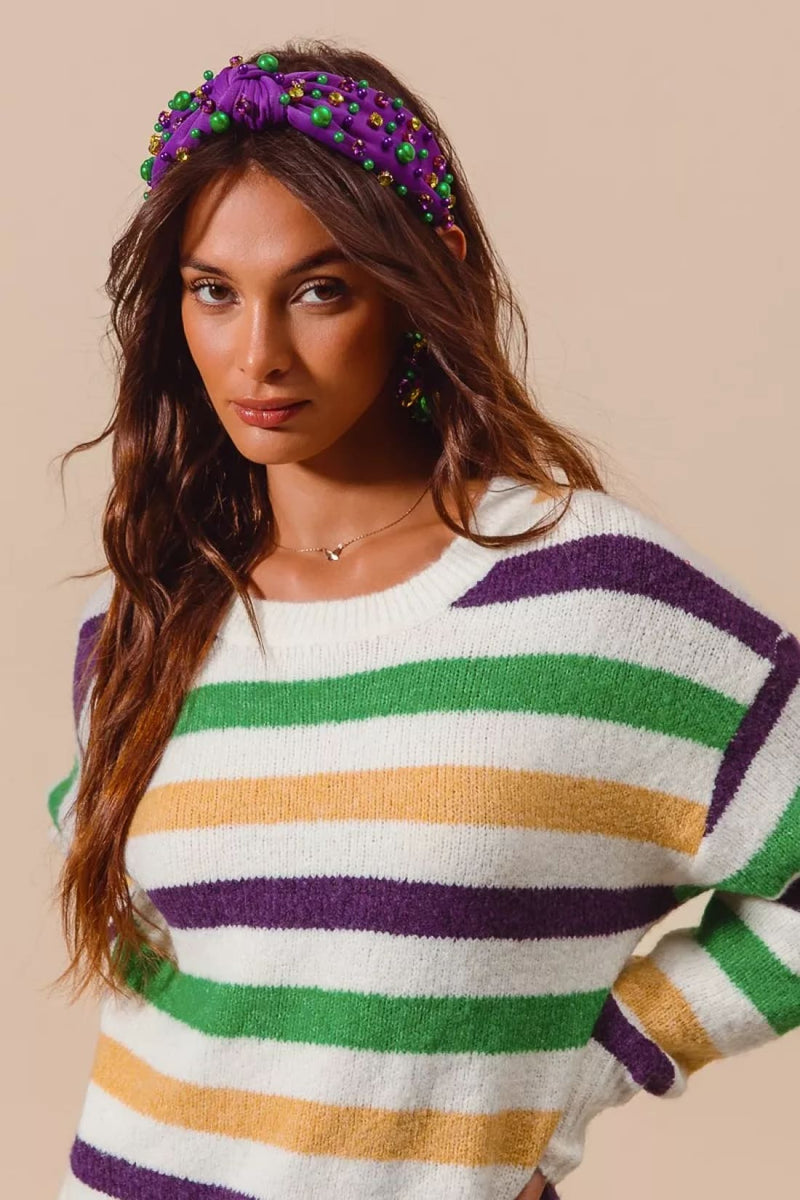 SO ME Mardi Gras Color Stripe Round Neck Sweater Top