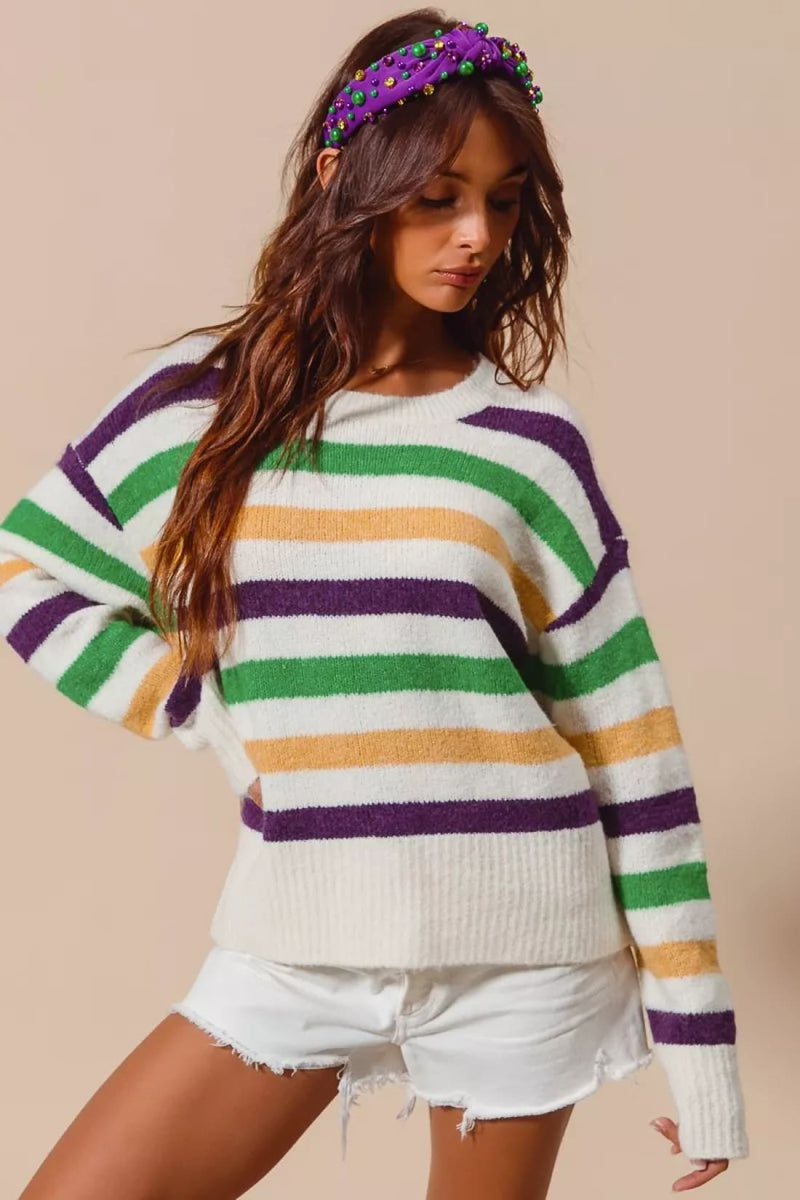 SO ME Mardi Gras Color Stripe Round Neck Sweater Top