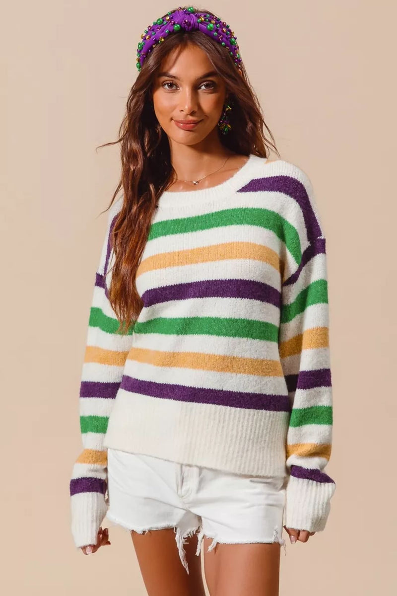 SO ME Mardi Gras Color Stripe Round Neck Sweater Top