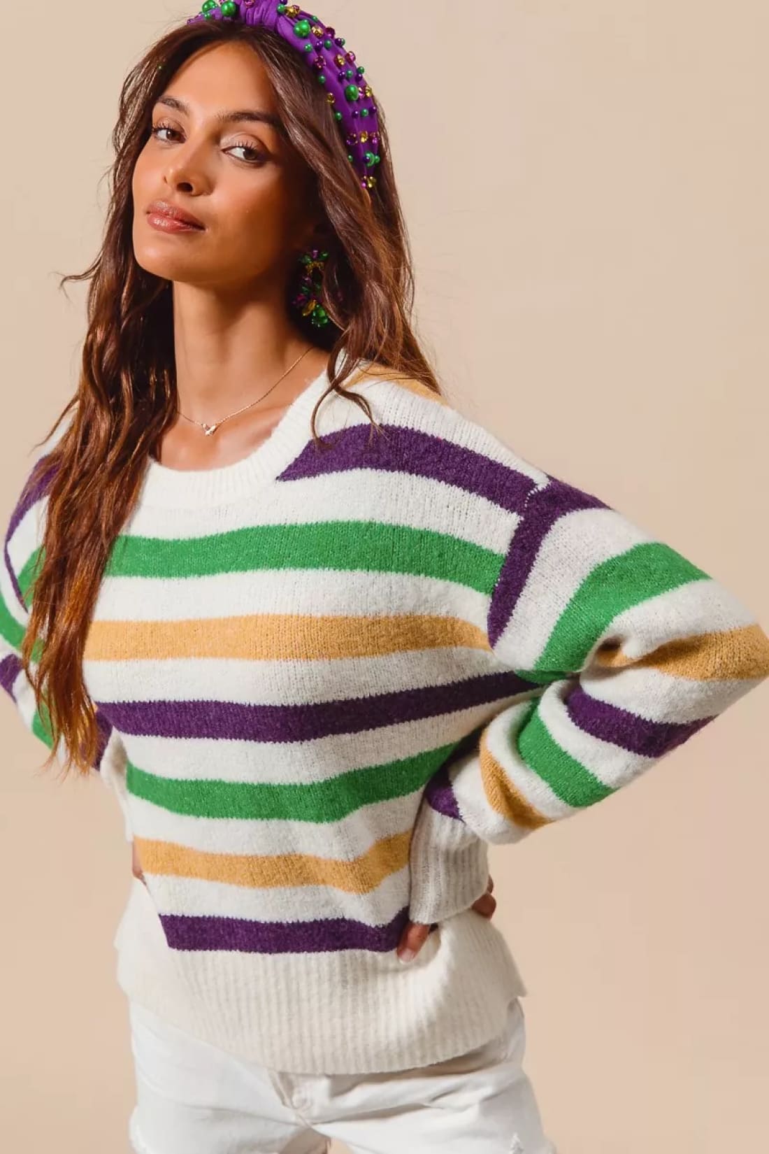 SO ME Mardi Gras Color Stripe Round Neck Sweater Top