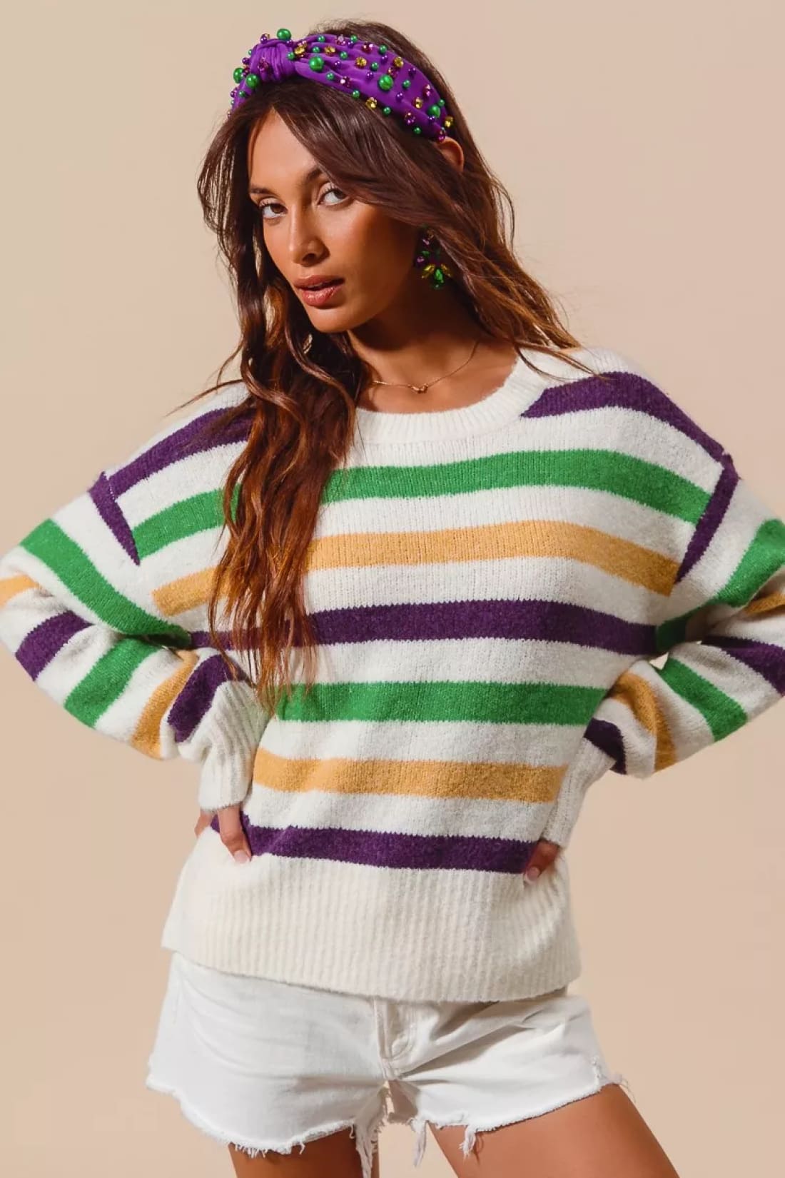 SO ME Mardi Gras Color Stripe Round Neck Sweater Top