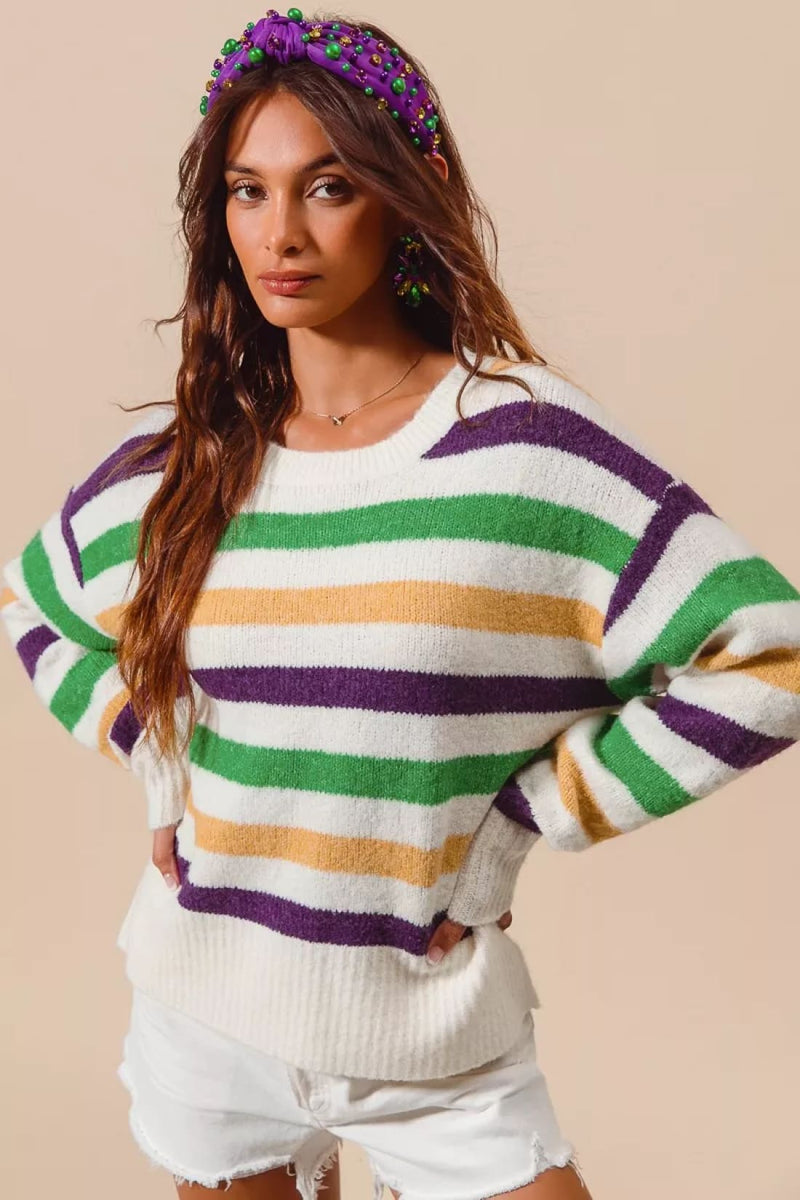 SO ME Mardi Gras Color Stripe Round Neck Sweater Top