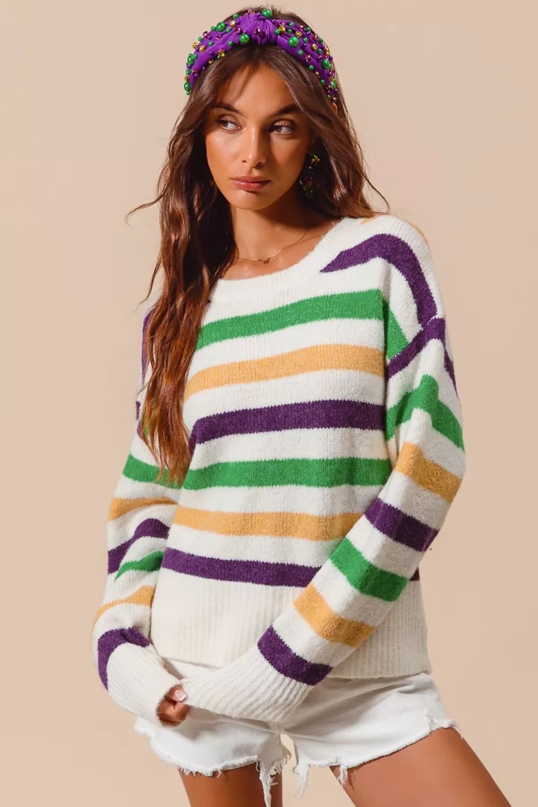 SO ME Mardi Gras Color Stripe Round Neck Sweater Top