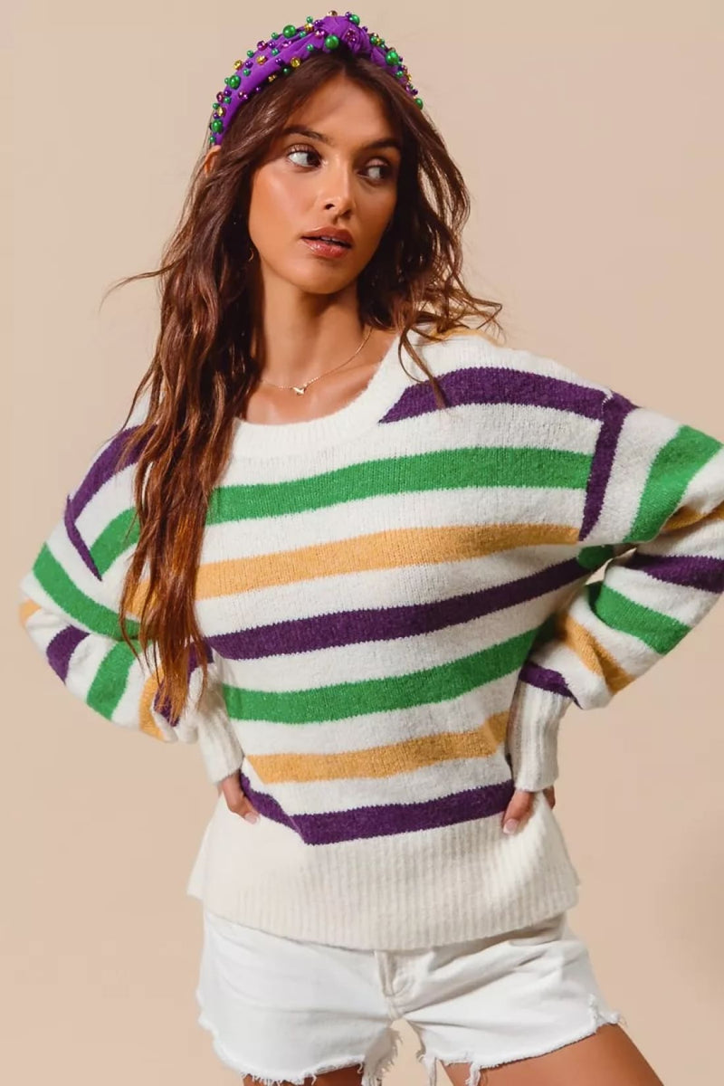 SO ME Mardi Gras Color Stripe Round Neck Sweater Top