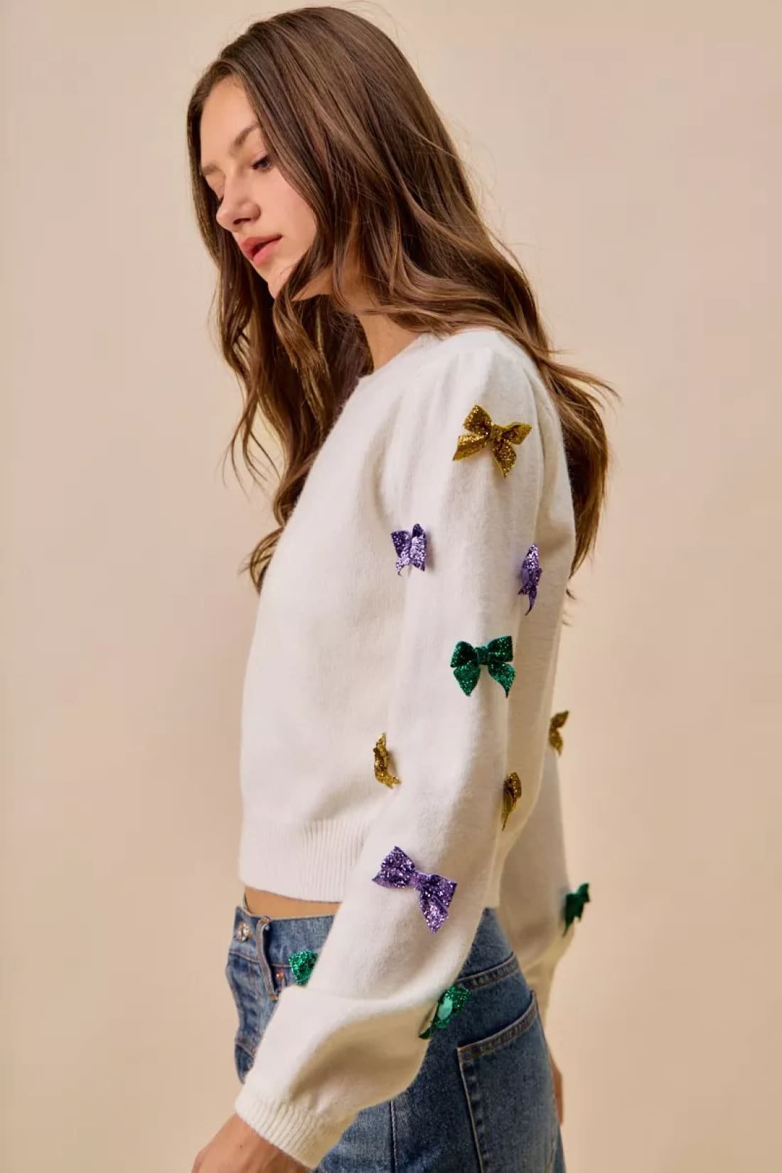 SO ME Mardi Gras Glitter Bow Ribbon Sweater Knit Top