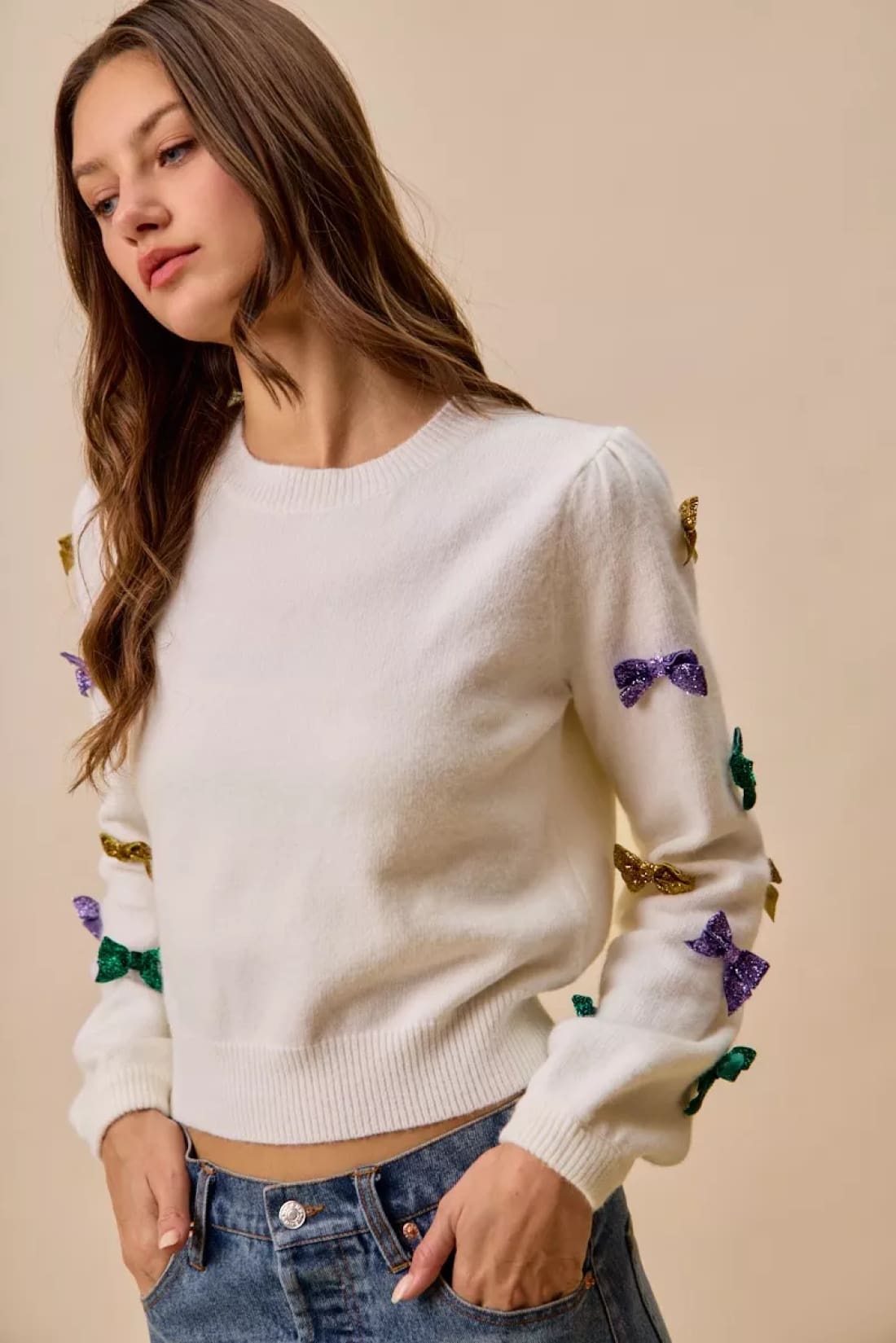 SO ME Mardi Gras Glitter Bow Ribbon Sweater Knit Top