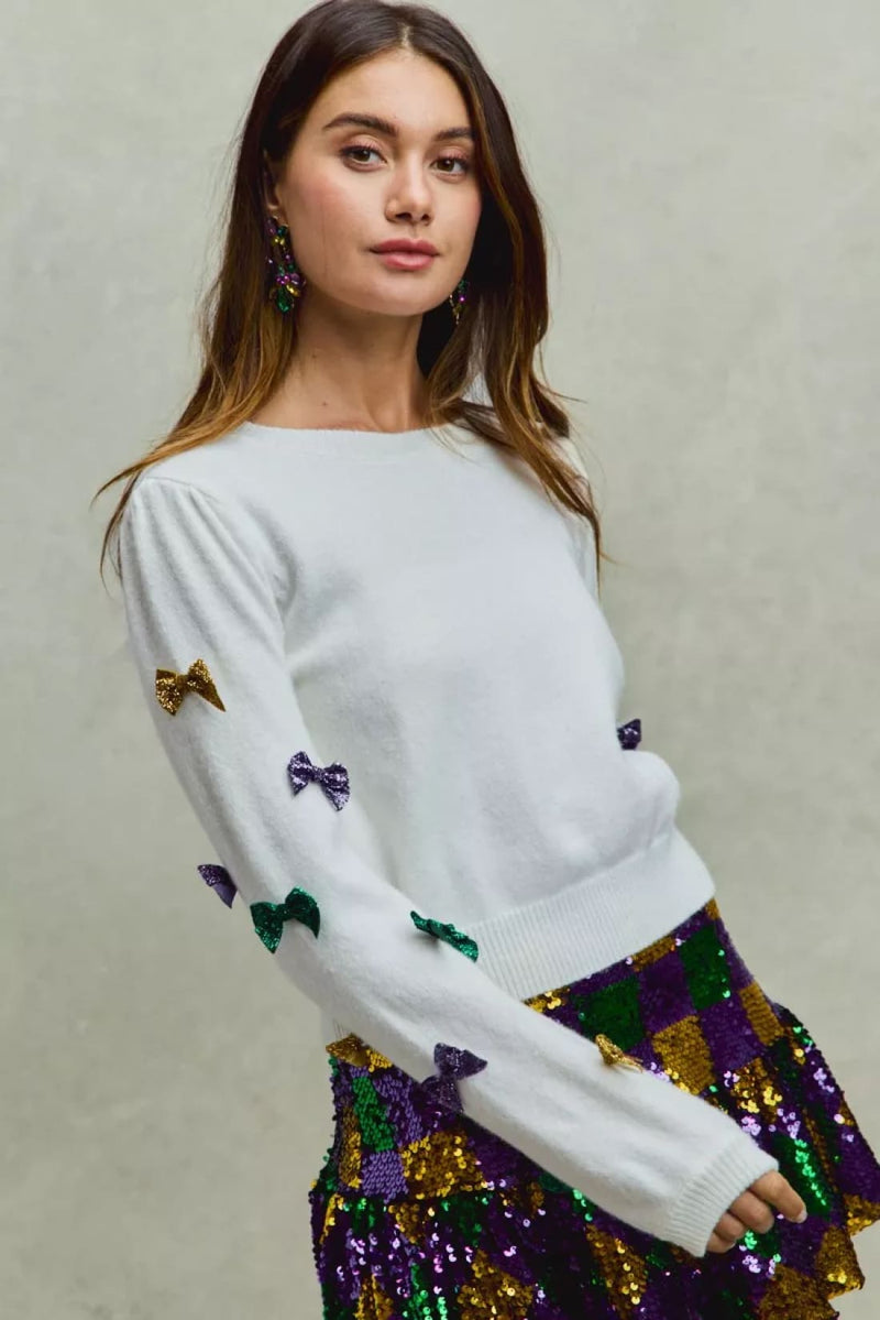 SO ME Mardi Gras Glitter Bow Ribbon Sweater Knit Top