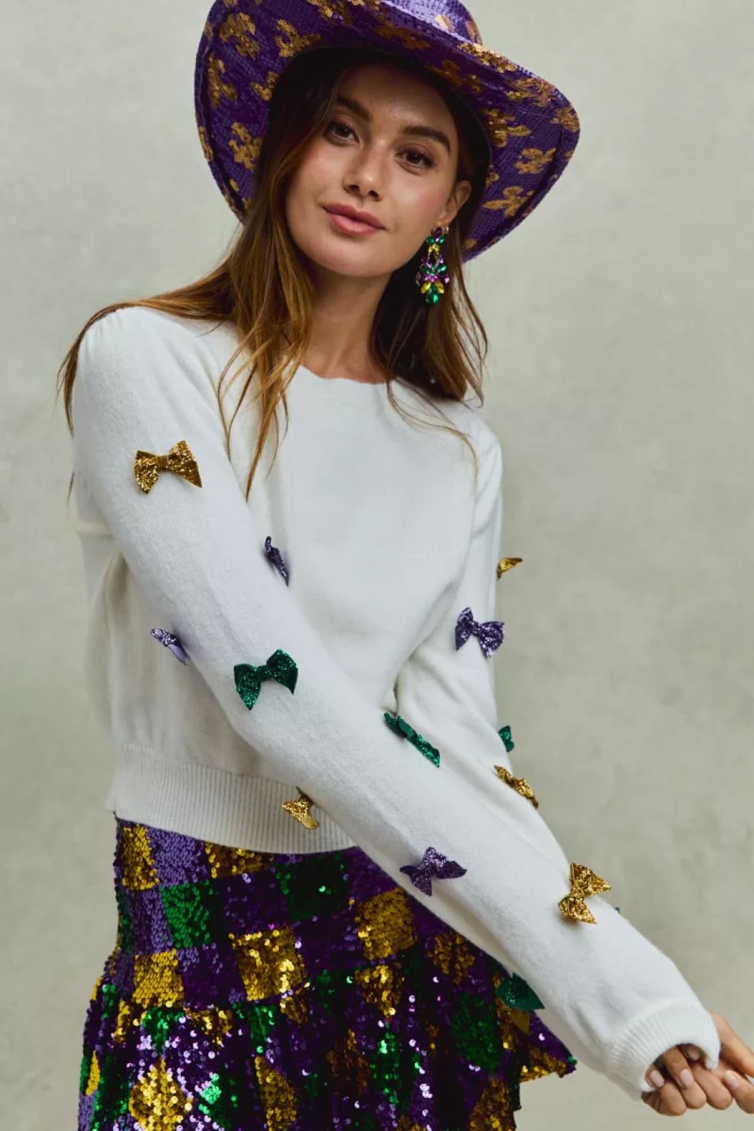SO ME Mardi Gras Glitter Bow Ribbon Sweater Knit Top
