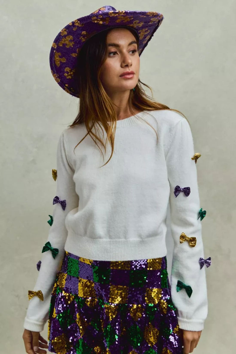 SO ME Mardi Gras Glitter Bow Ribbon Sweater Knit Top