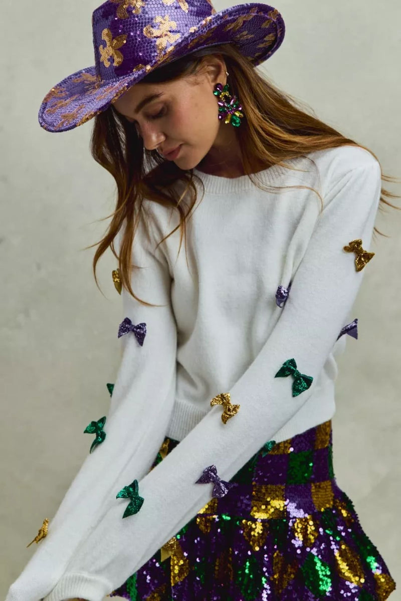 SO ME Mardi Gras Glitter Bow Ribbon Sweater Knit Top