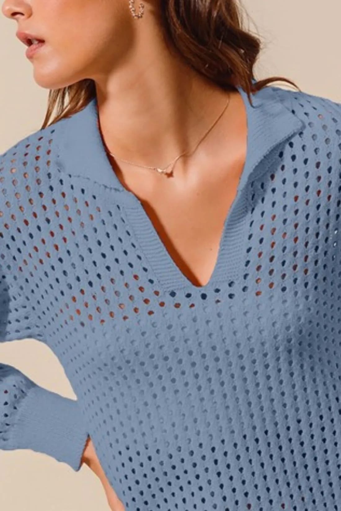 SO ME Open Knit Polo Sweater Top