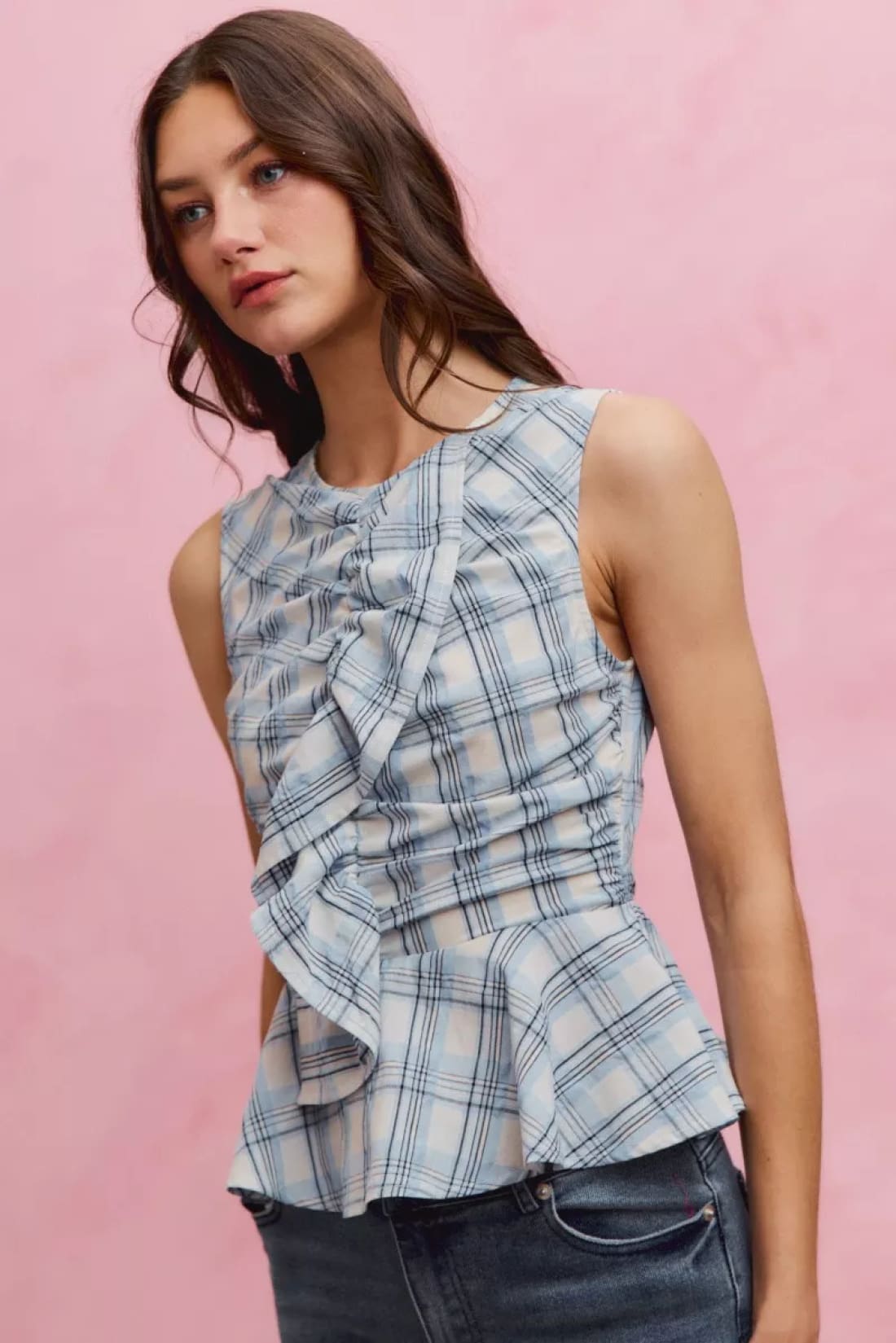 SO ME Plaid Sleeveless Ruffle Peplum Top