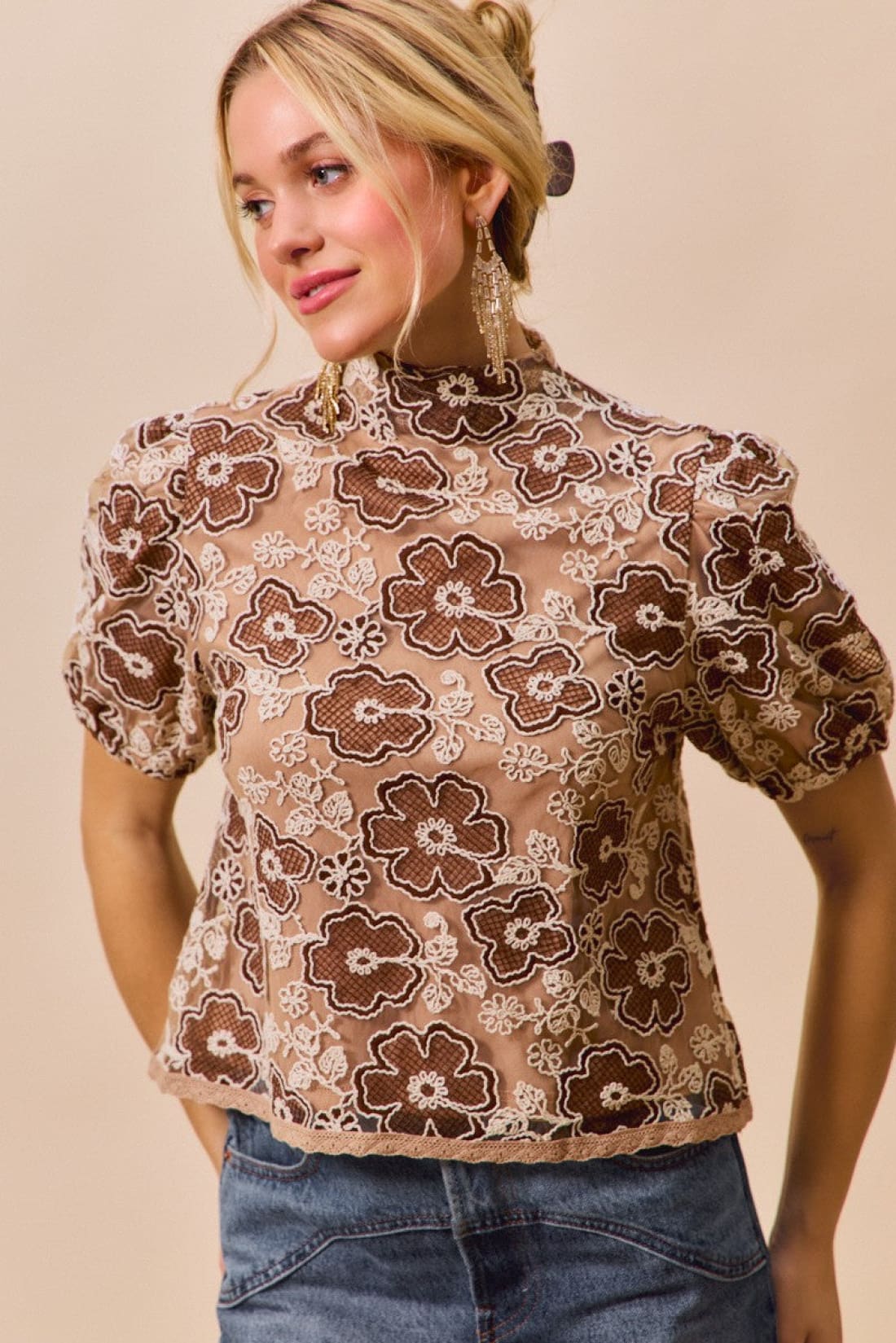SO ME Texture Floral Mesh Top With Back Button Closure